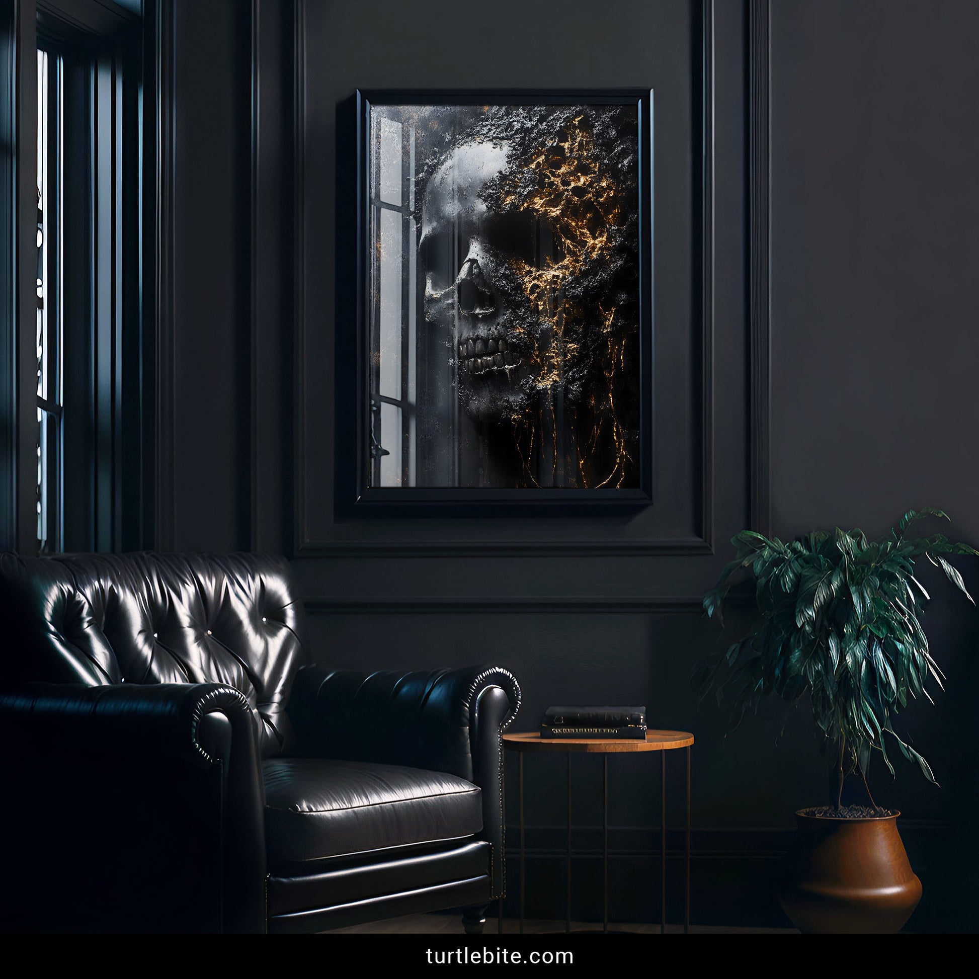 Memento mori skull wall art with gold and black contrast, gothic home decor print