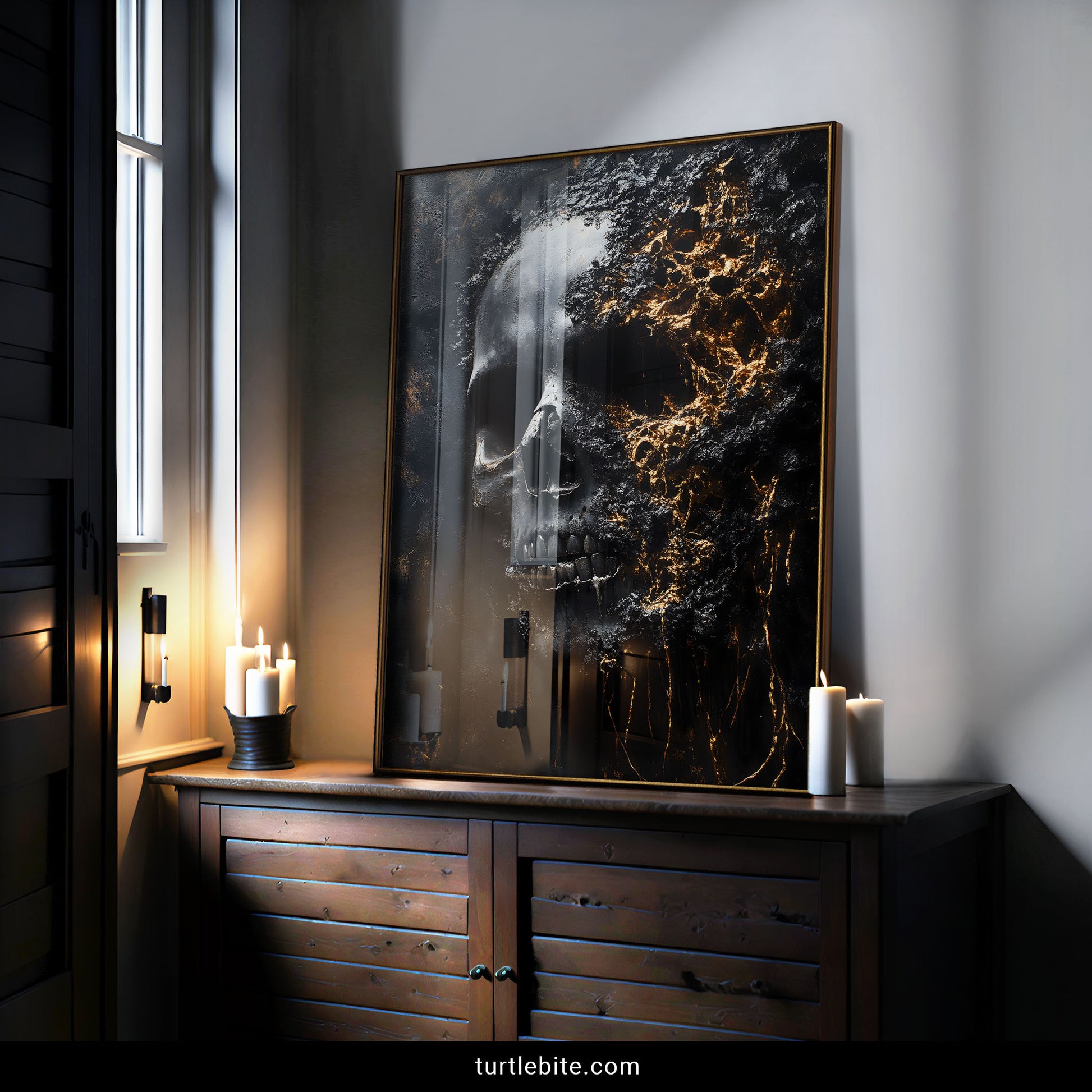 Gothic skull art print with molten gold and dark textured background, macabre wall decor