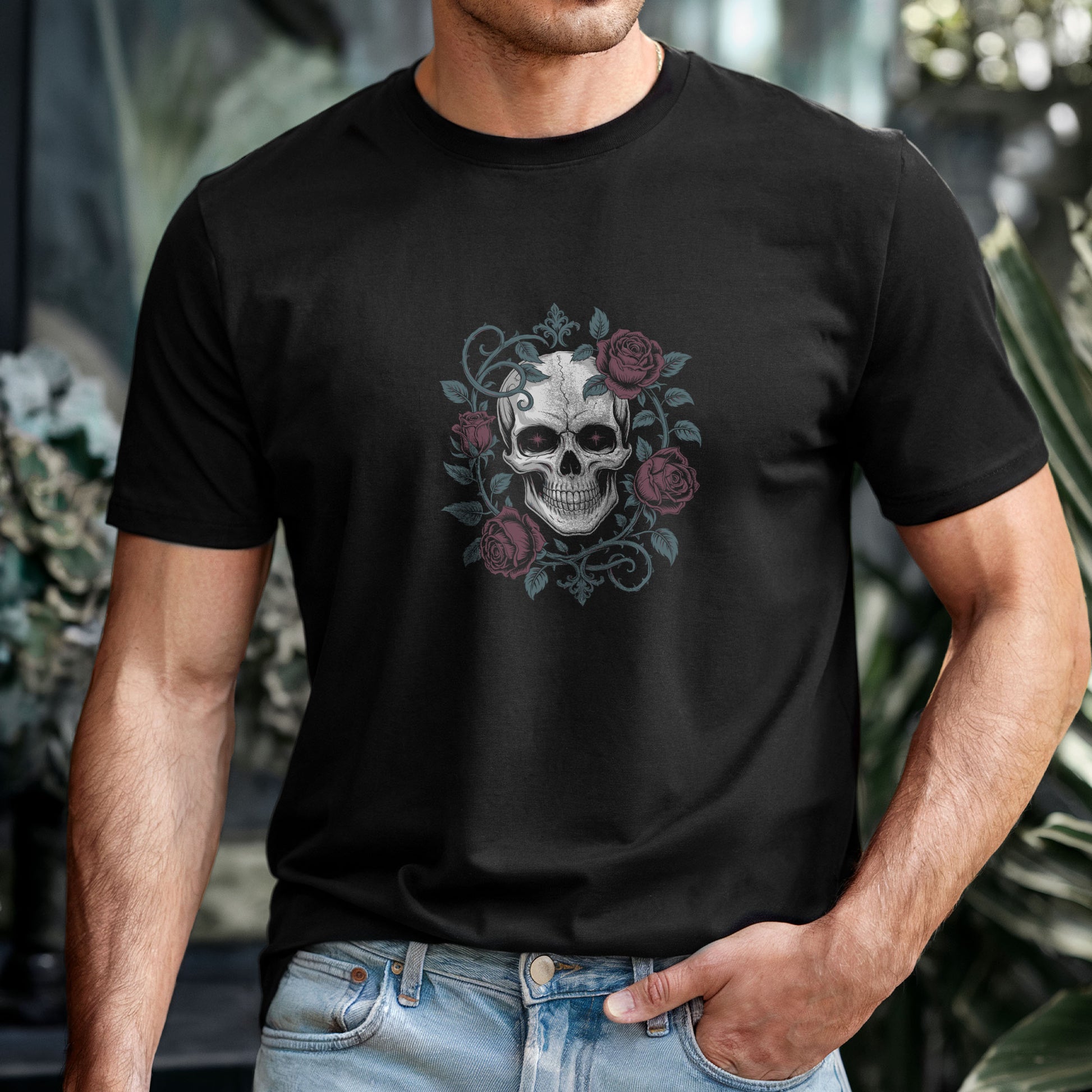 Memento mori skull tee featuring burgundy roses and ornate botanical design