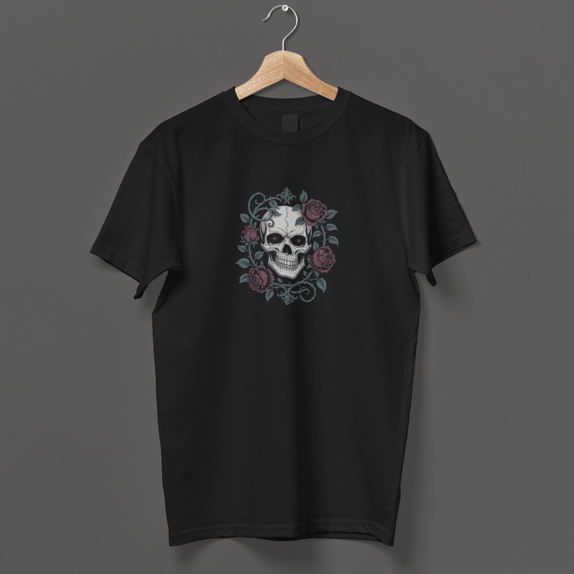 Dark art skull t-shirt with romantic gothic roses and elegant flourishes