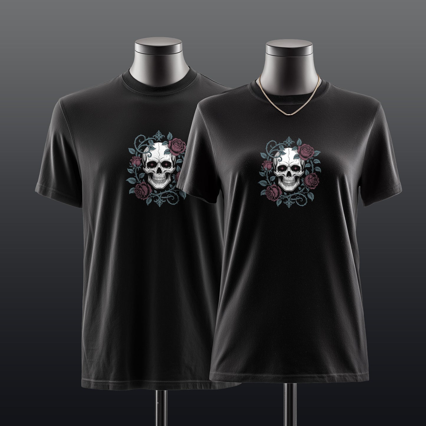 Victorian gothic skull clothing with detailed anatomical art and rose motifs