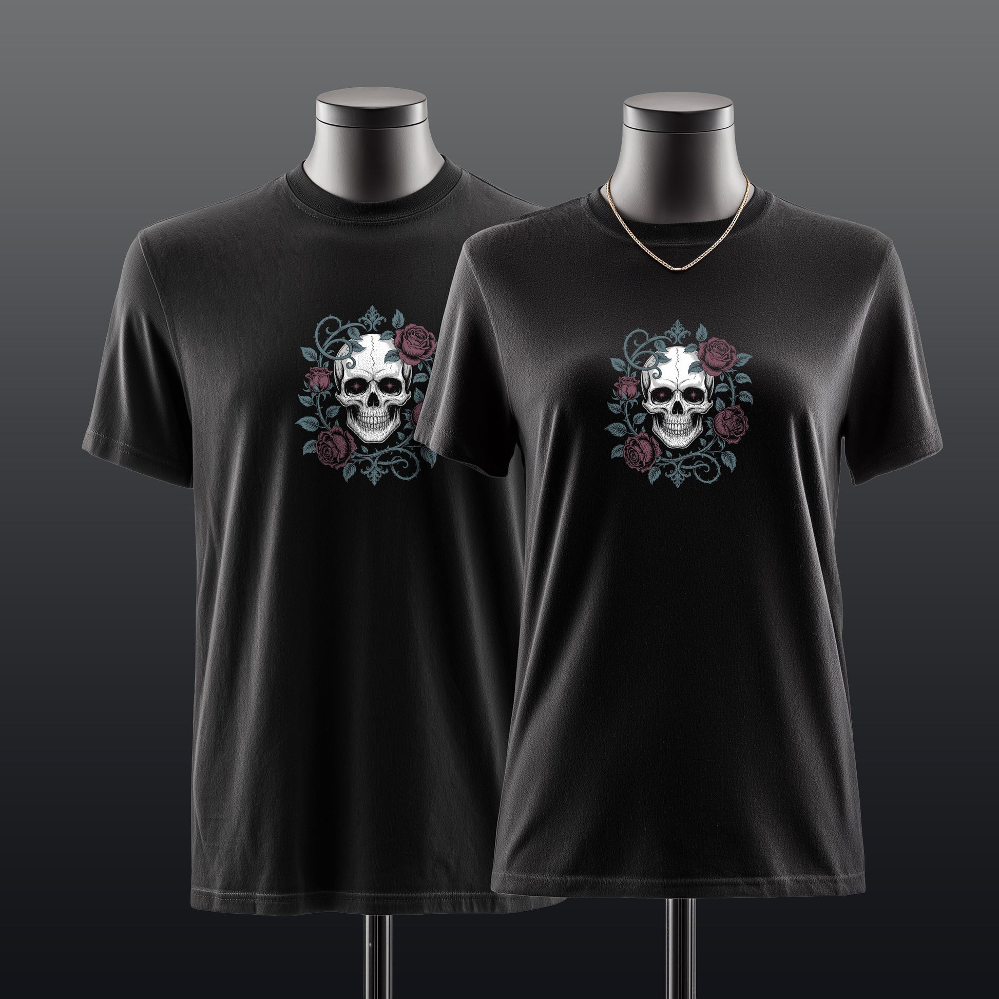 Victorian gothic skull clothing with detailed anatomical art and rose motifs