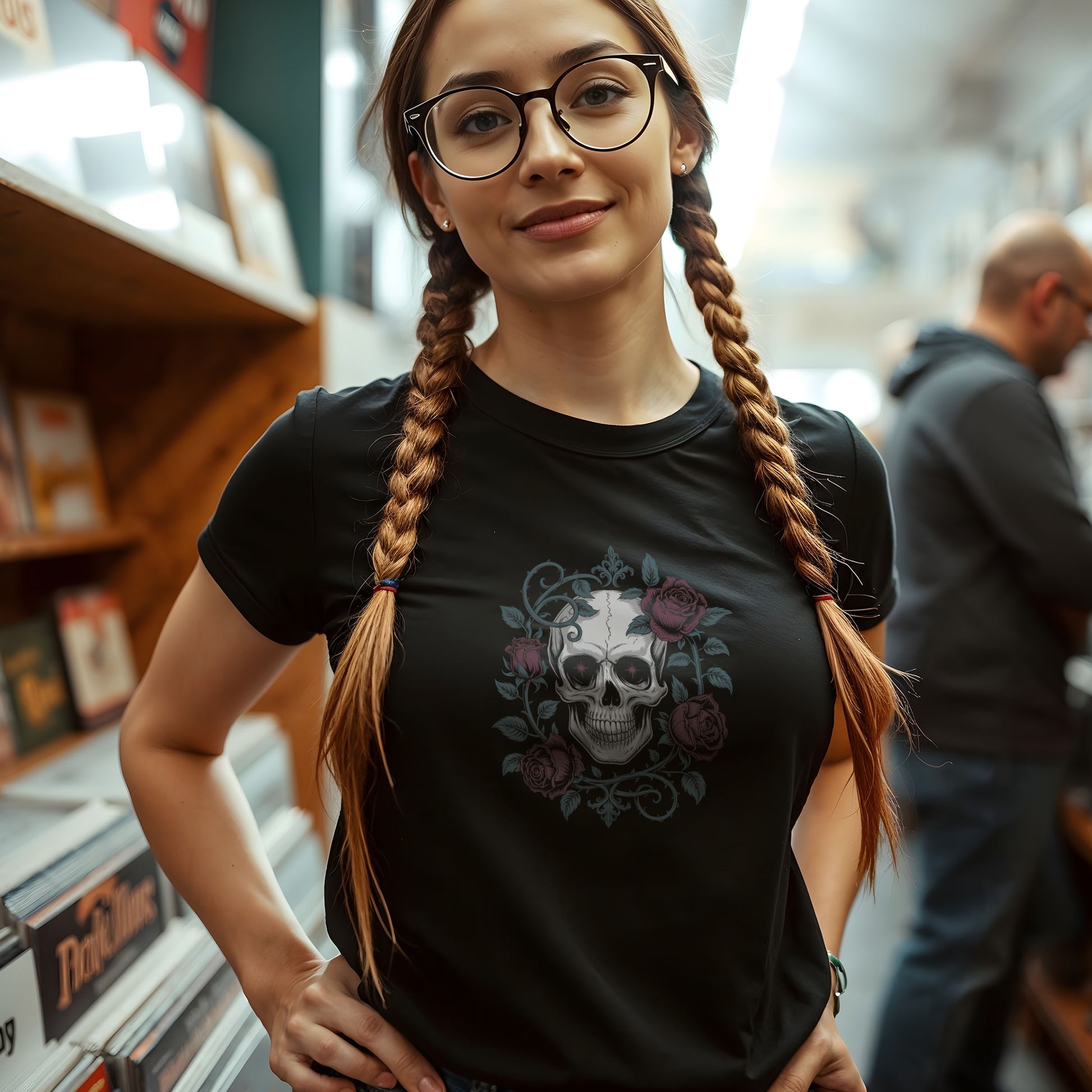 Gothic skull and roses t-shirt with Victorian scrollwork on black fabric