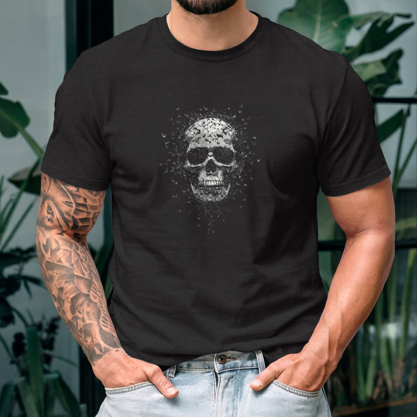 Macabre skull and bat flock t-shirt design, alternative gothic fashion horror wear