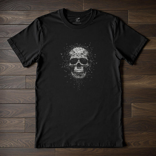 Gothic skull t-shirt with dissolving bat flock design on black fabric, memento mori horror apparel