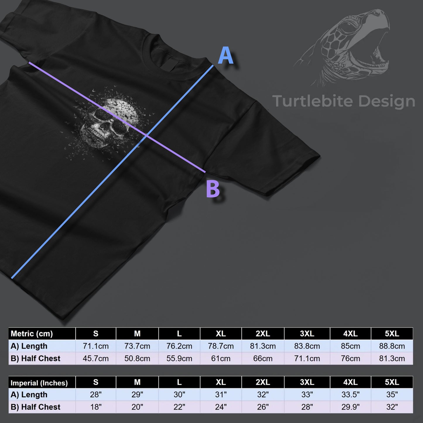 Premium dark art shirt showing skull fragmenting into flying bats, gothic memento mori tee