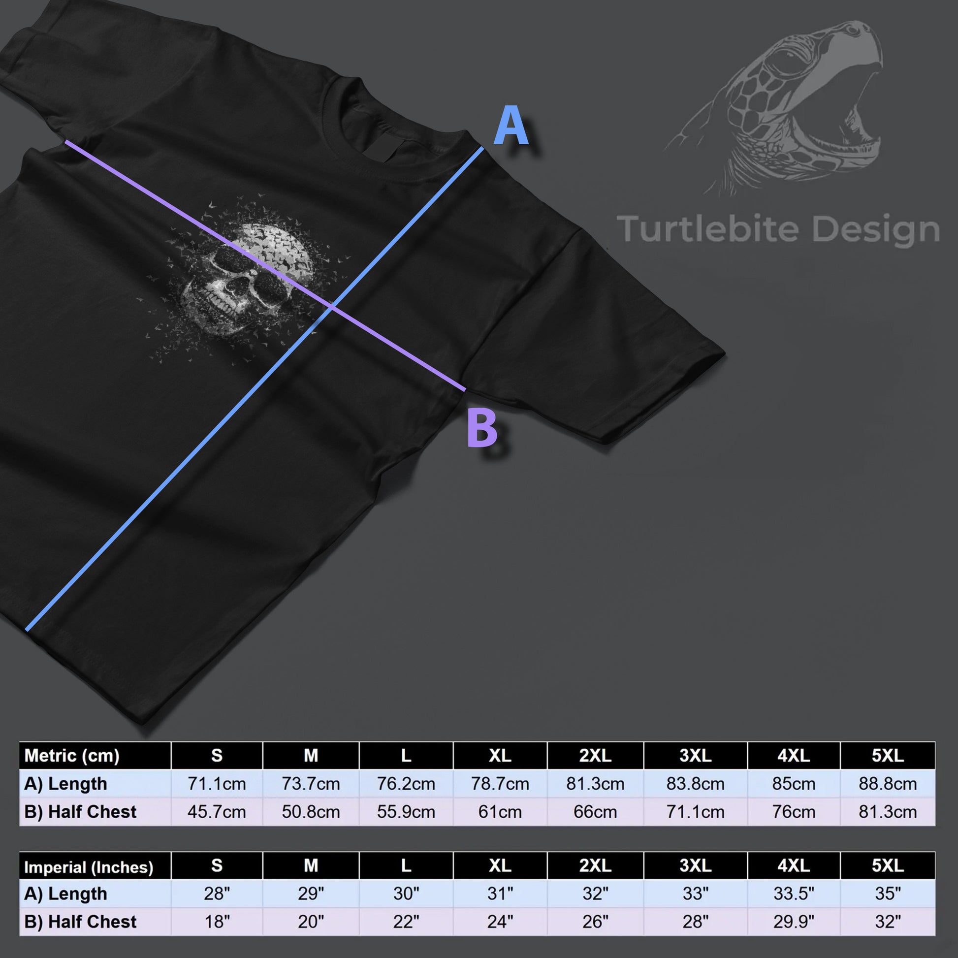 Premium dark art shirt showing skull fragmenting into flying bats, gothic memento mori tee
