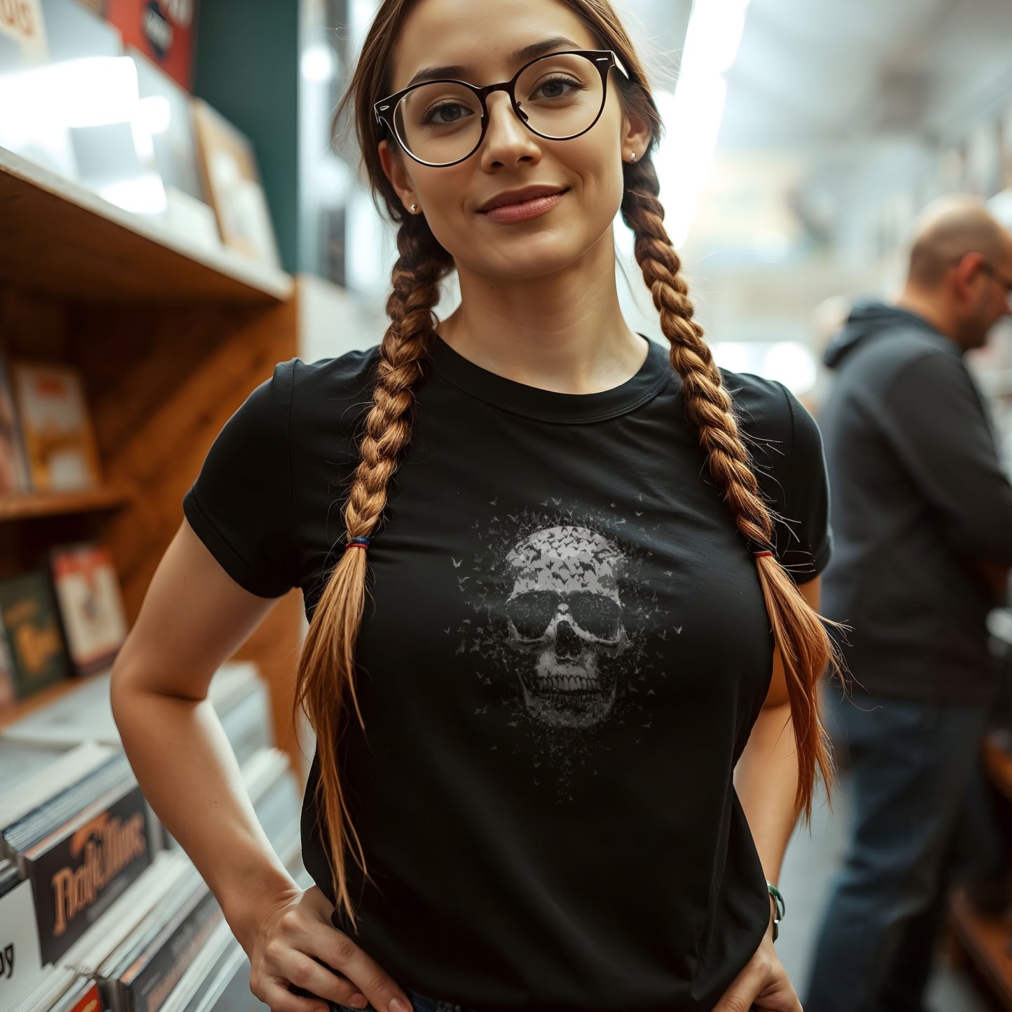 Macabre skull and bat flock t-shirt design, alternative gothic fashion horror wear