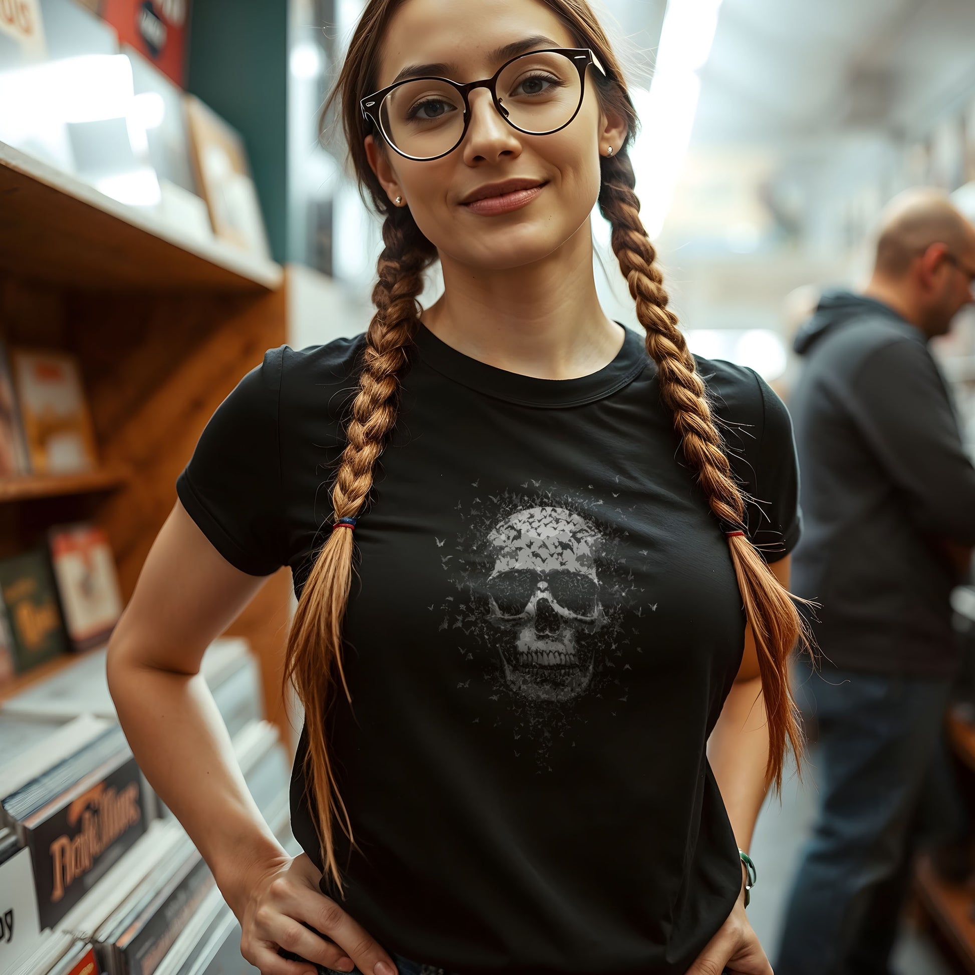 Macabre skull and bat flock t-shirt design, alternative gothic fashion horror wear