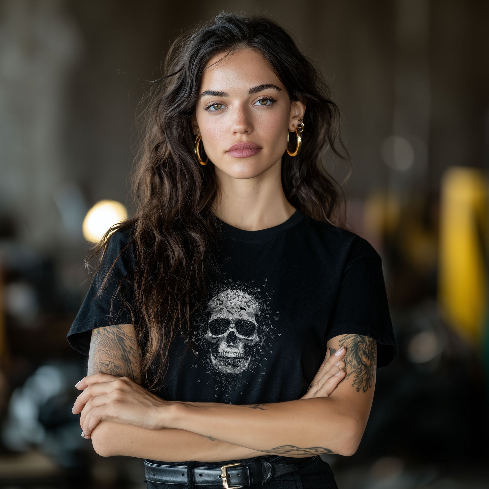 Black gothic tee featuring detailed human skull transforming into swirling bats, dark art clothing