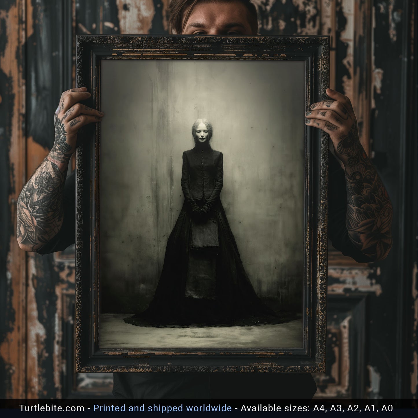 Dark academia wall art showing mysterious pale figure in black period dress with moody lighting