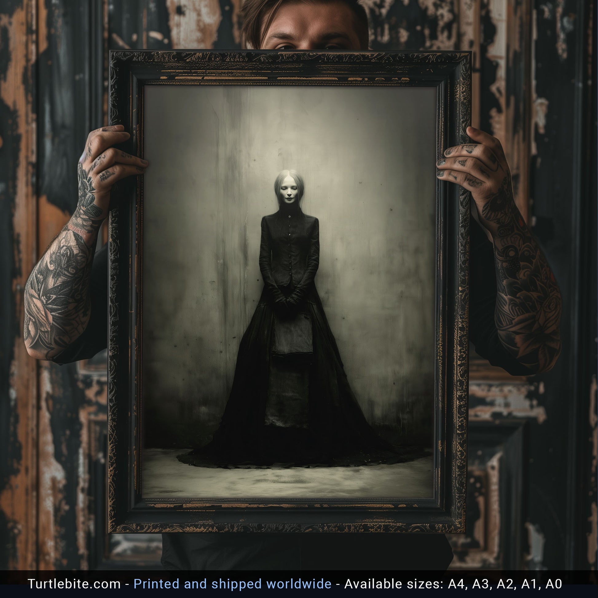 Dark academia wall art showing mysterious pale figure in black period dress with moody lighting