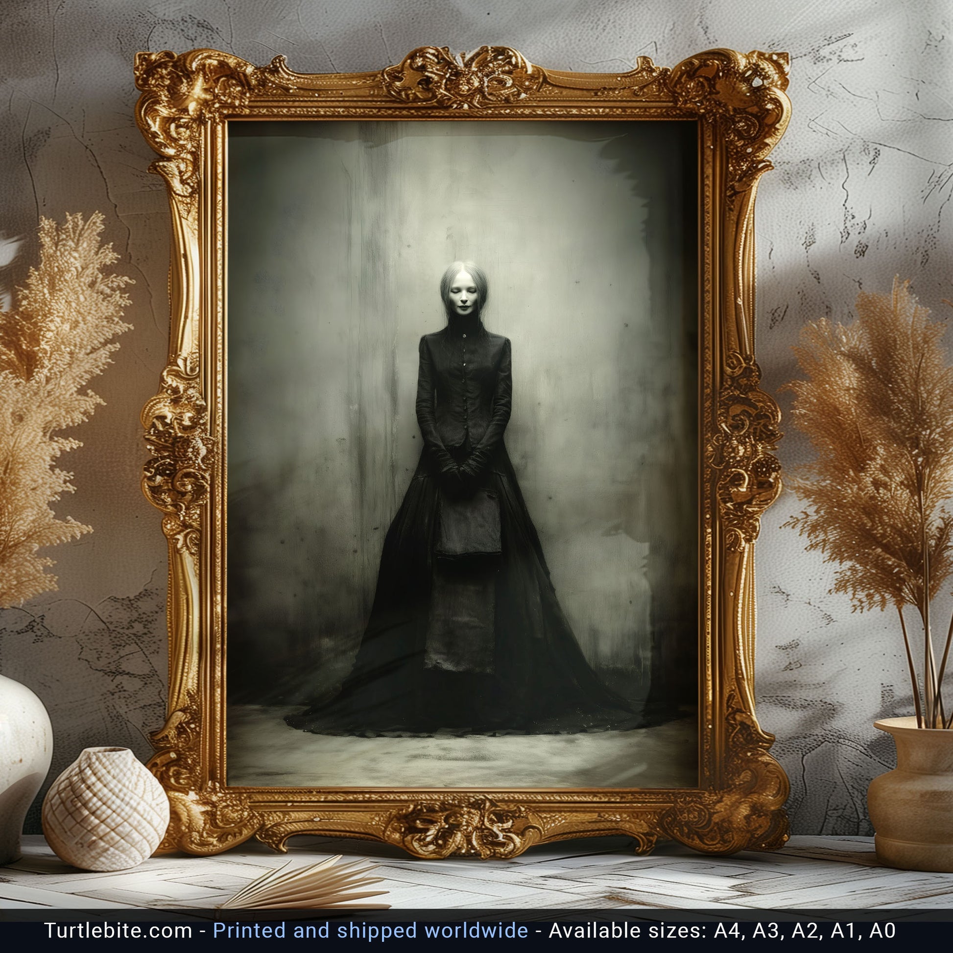Atmospheric gothic home decor print featuring ghostly Victorian woman in elegant dark attire