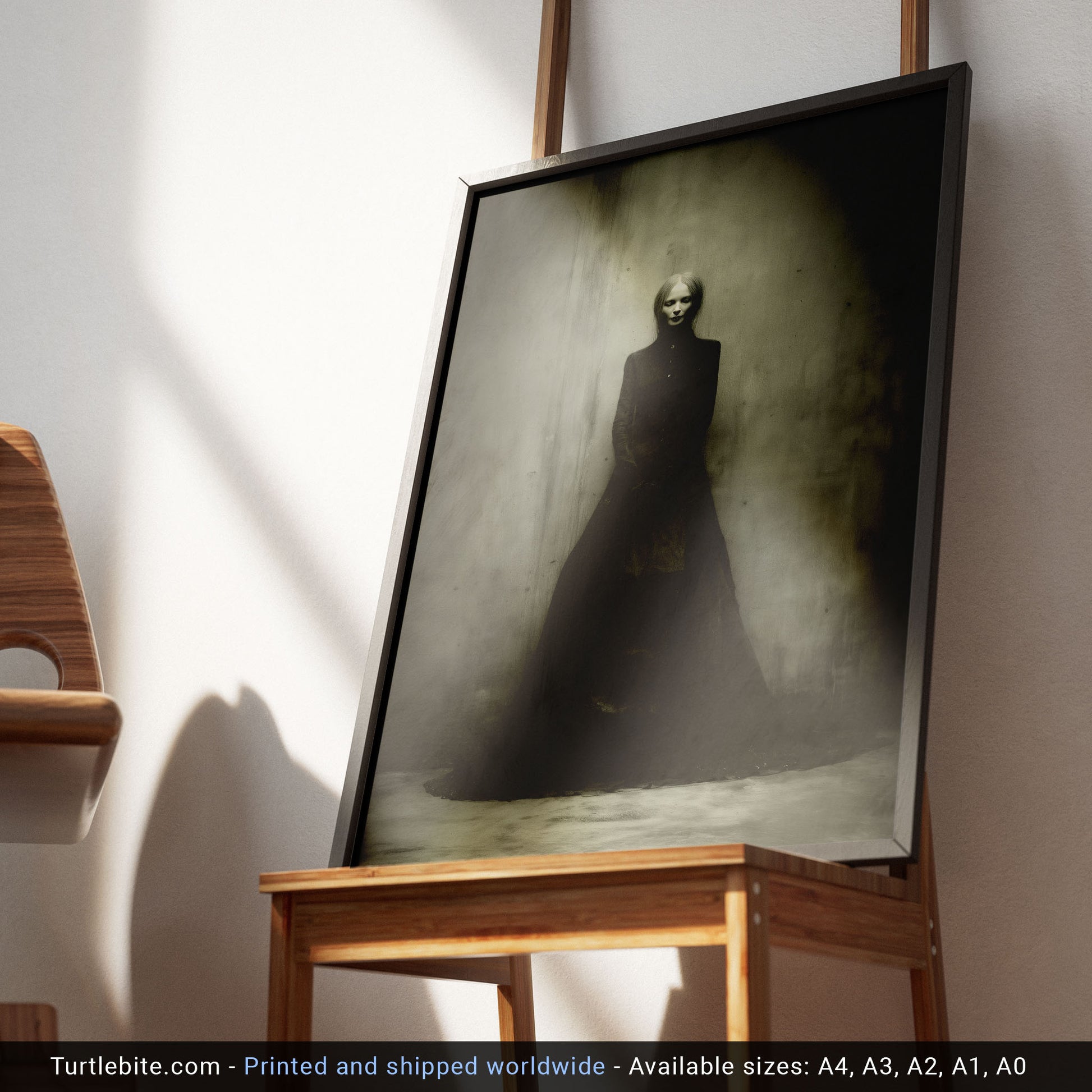 Spooky wall art depicting melancholic gothic figure in Victorian black dress against shadowy backdrop