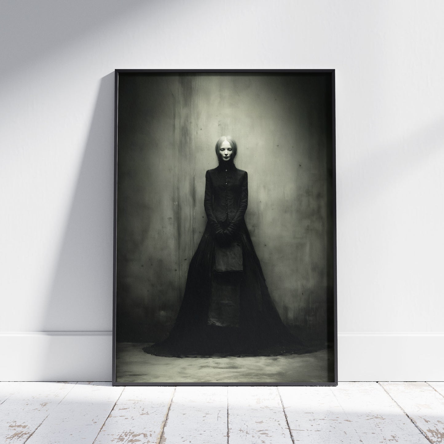 Gothic wall art featuring pale Victorian figure in flowing black dress against textured atmospheric background