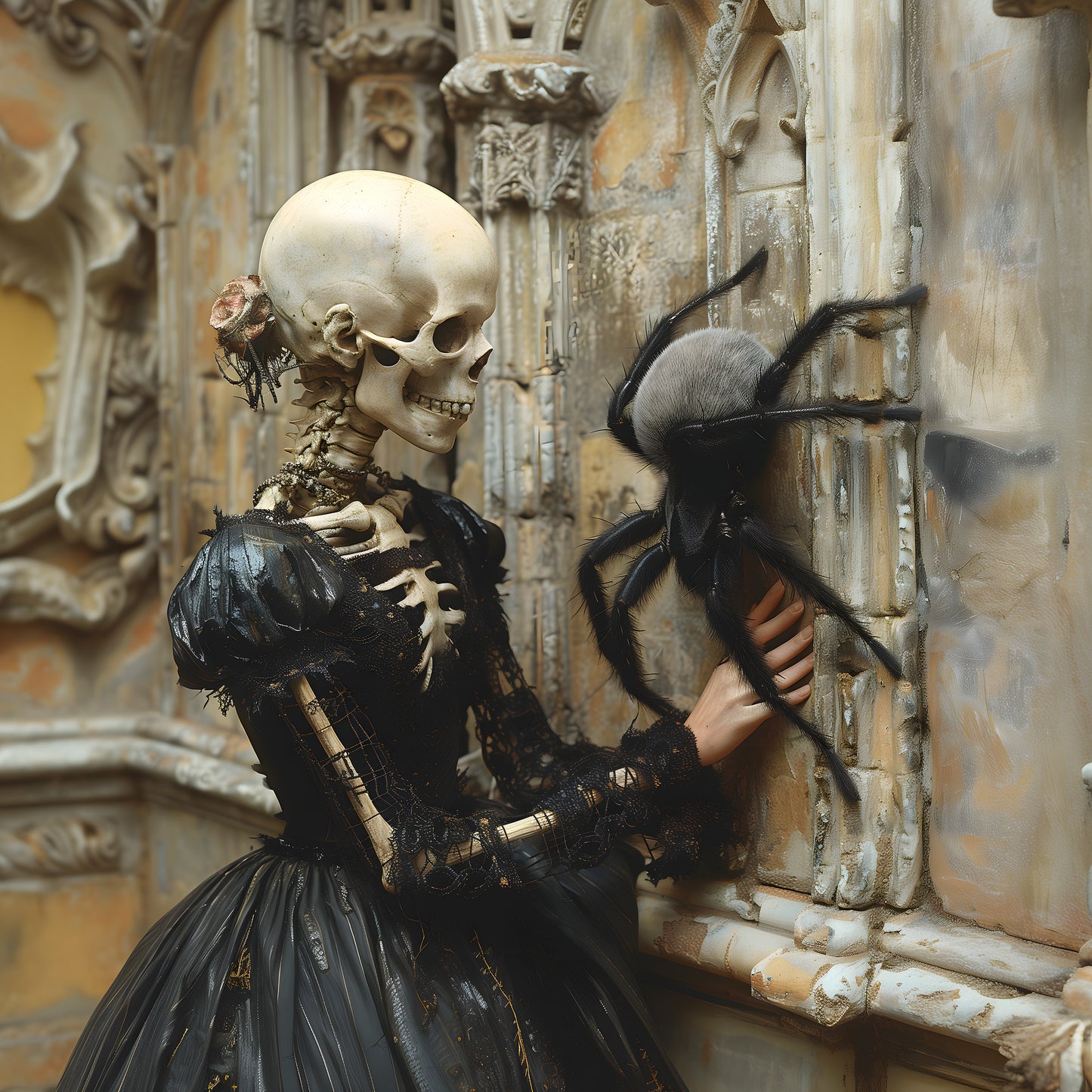 Skeletal Beauty Meets Adorable Spider - Gothic Wall Art