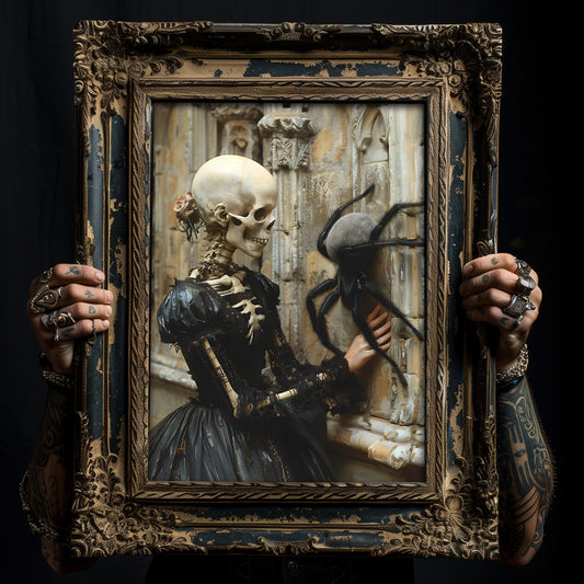 Skeletal Beauty Meets Adorable Spider - Gothic Wall Art