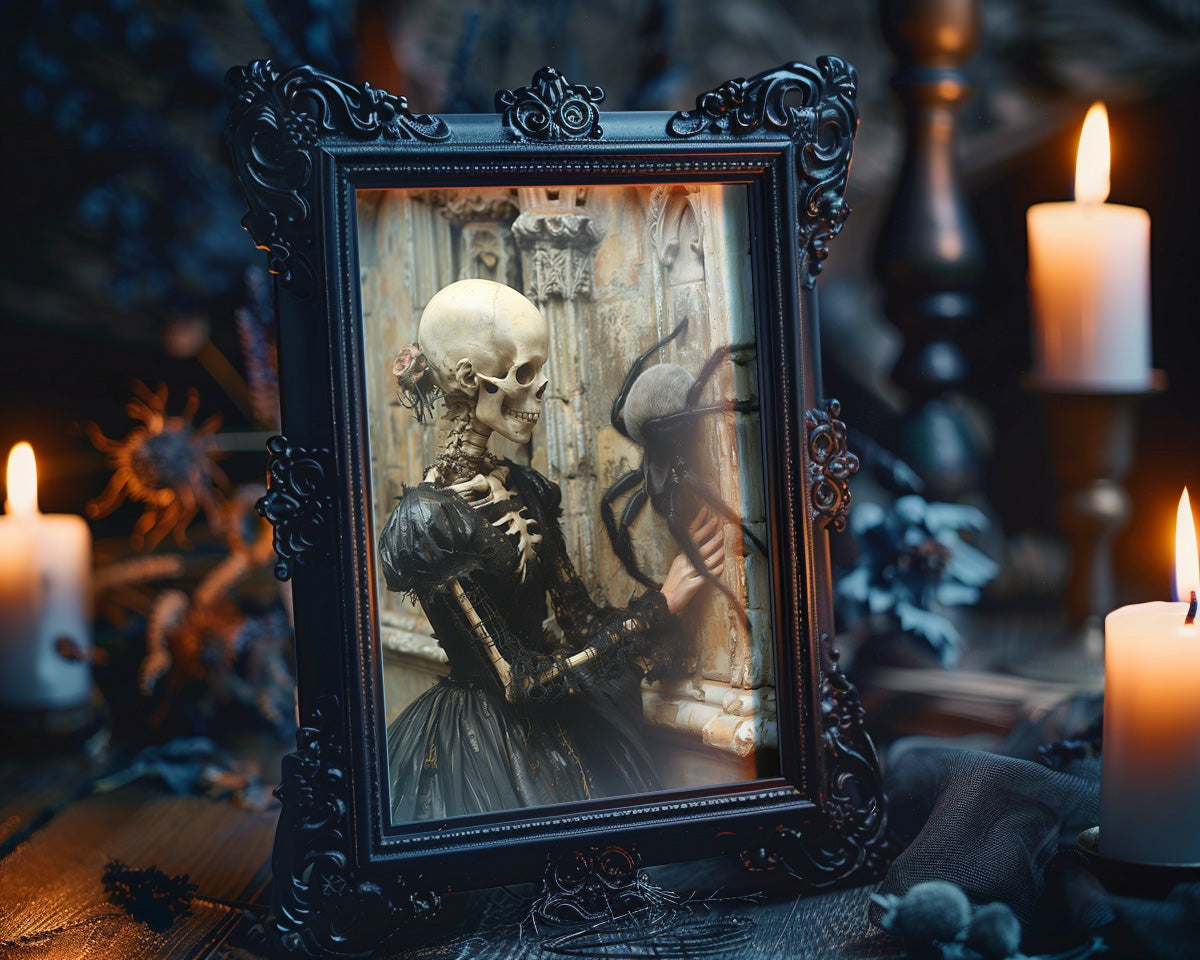 Skeletal Beauty Meets Adorable Spider - Gothic Wall Art