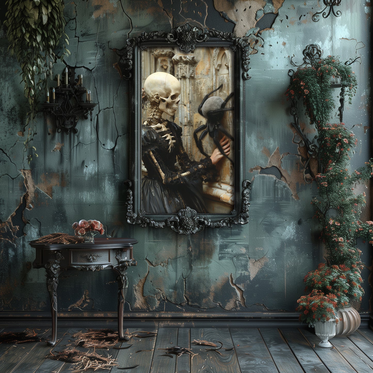 Skeletal Beauty Meets Adorable Spider - Gothic Wall Art
