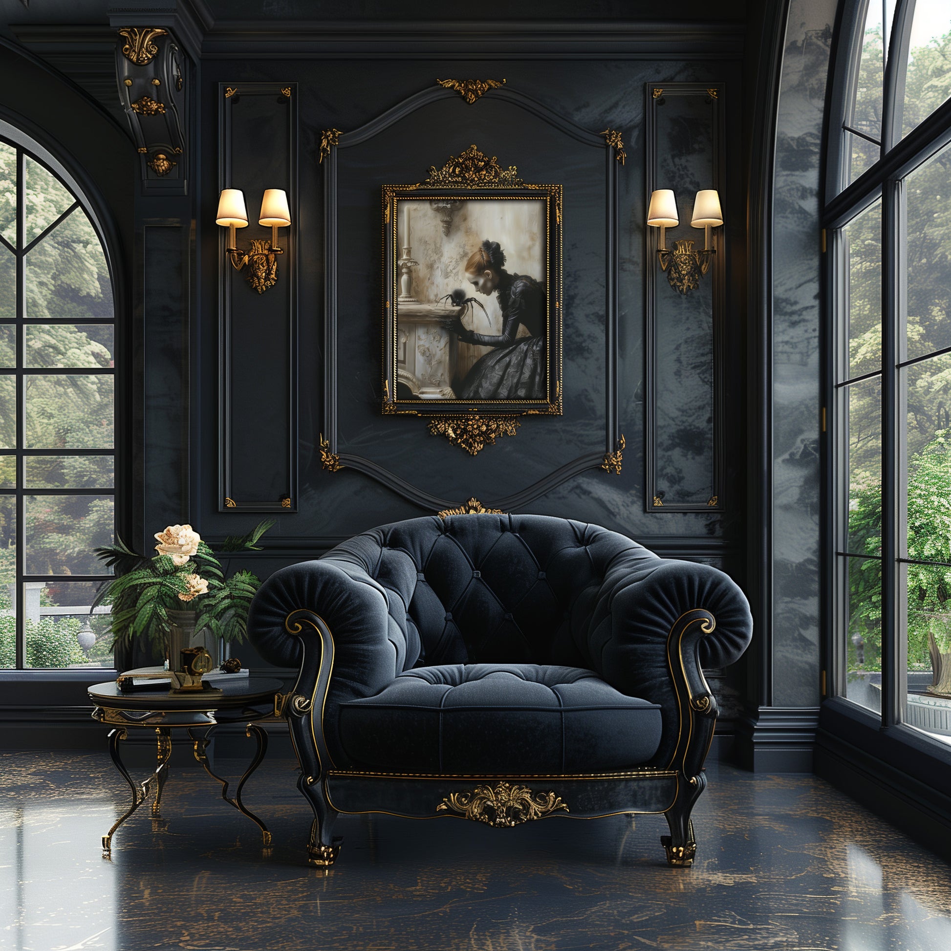 Victorian gothic home decor print of skeleton beauty in brocade dress contemplating mortality with spider