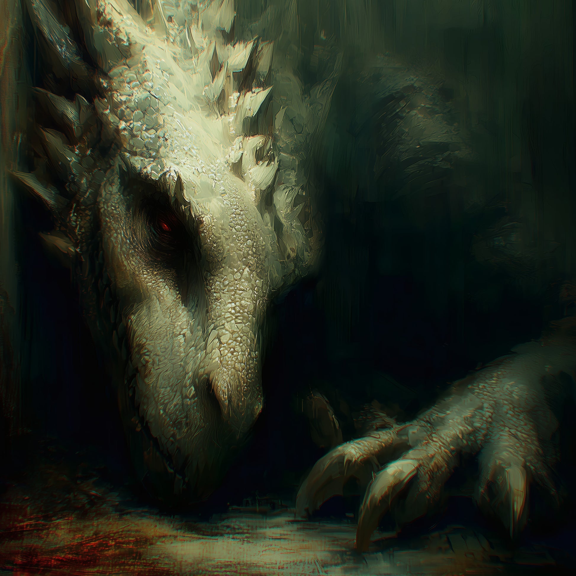 Surreal fantasy dragon art print with glowing red eyes emerging from dark shadows for gothic wall decor