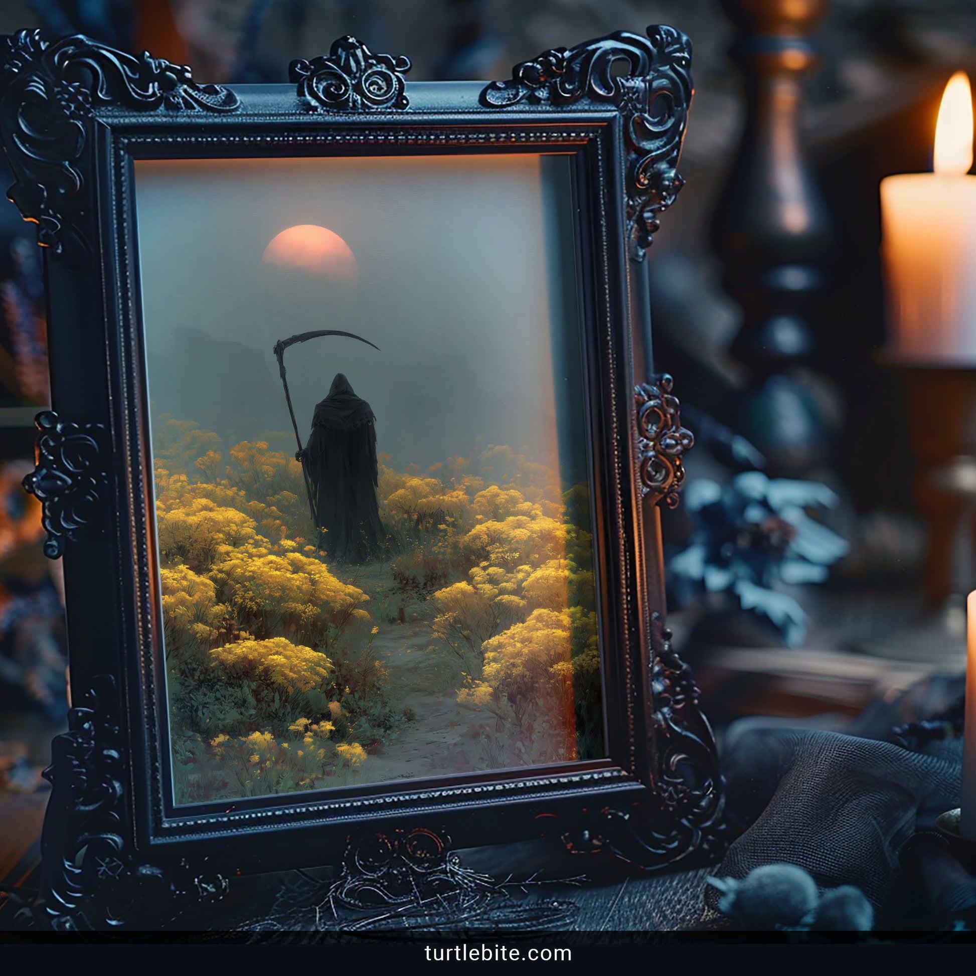 Macabre wall art showing peaceful grim reaper in golden landscape