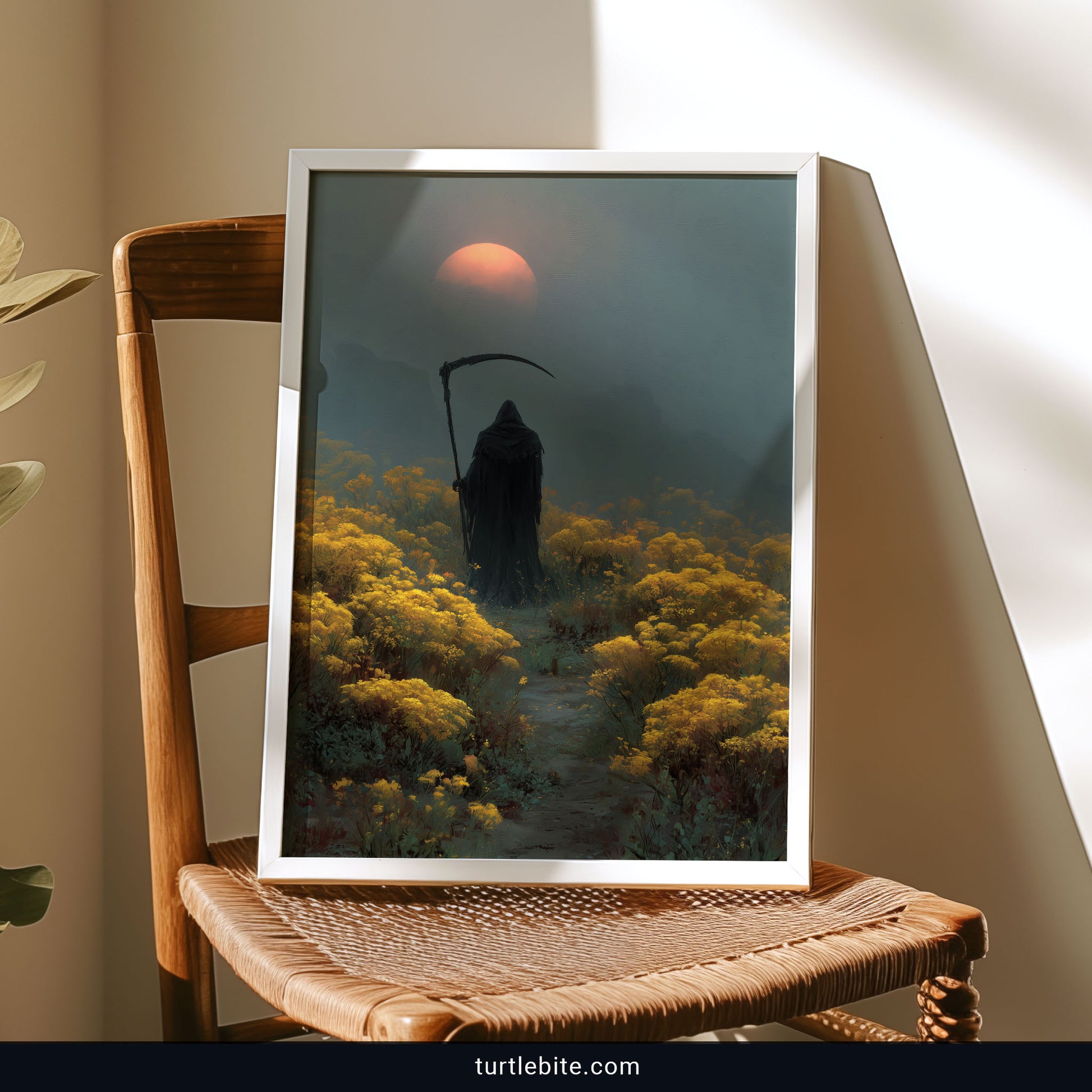 Gothic home decor art print with mystical reaper in flower meadow