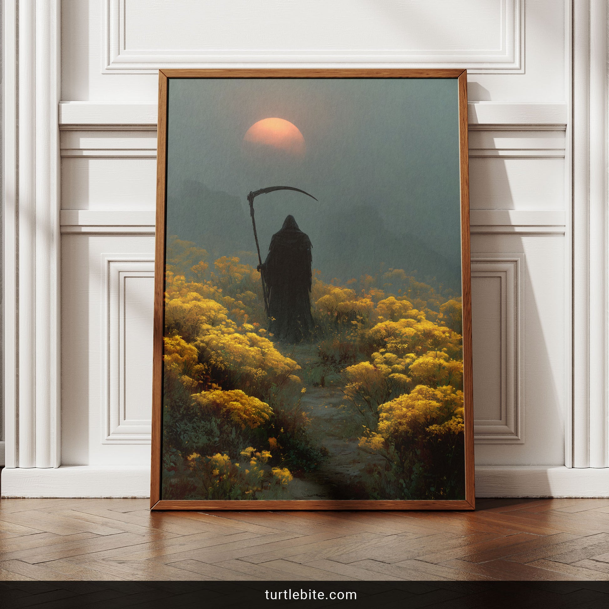 Surreal death artwork poster showing reaper among yellow flowers