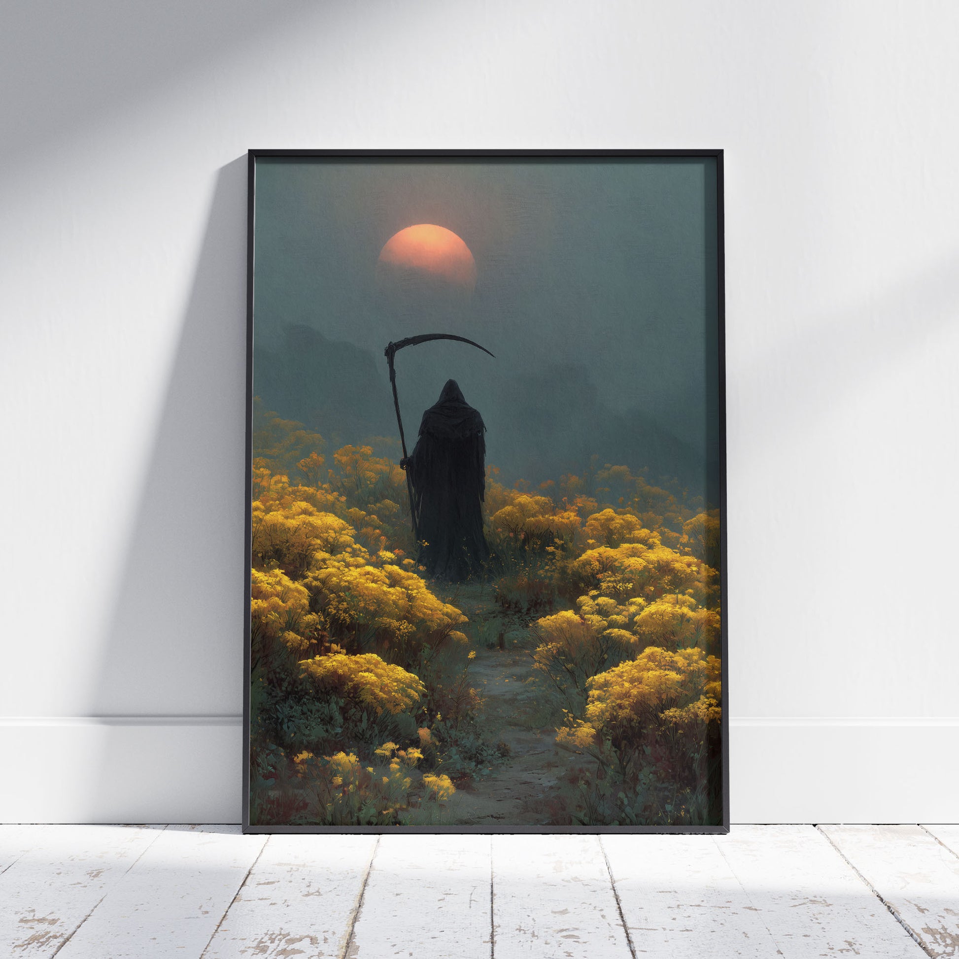 Grim reaper art print standing in golden wildflower field with sunset