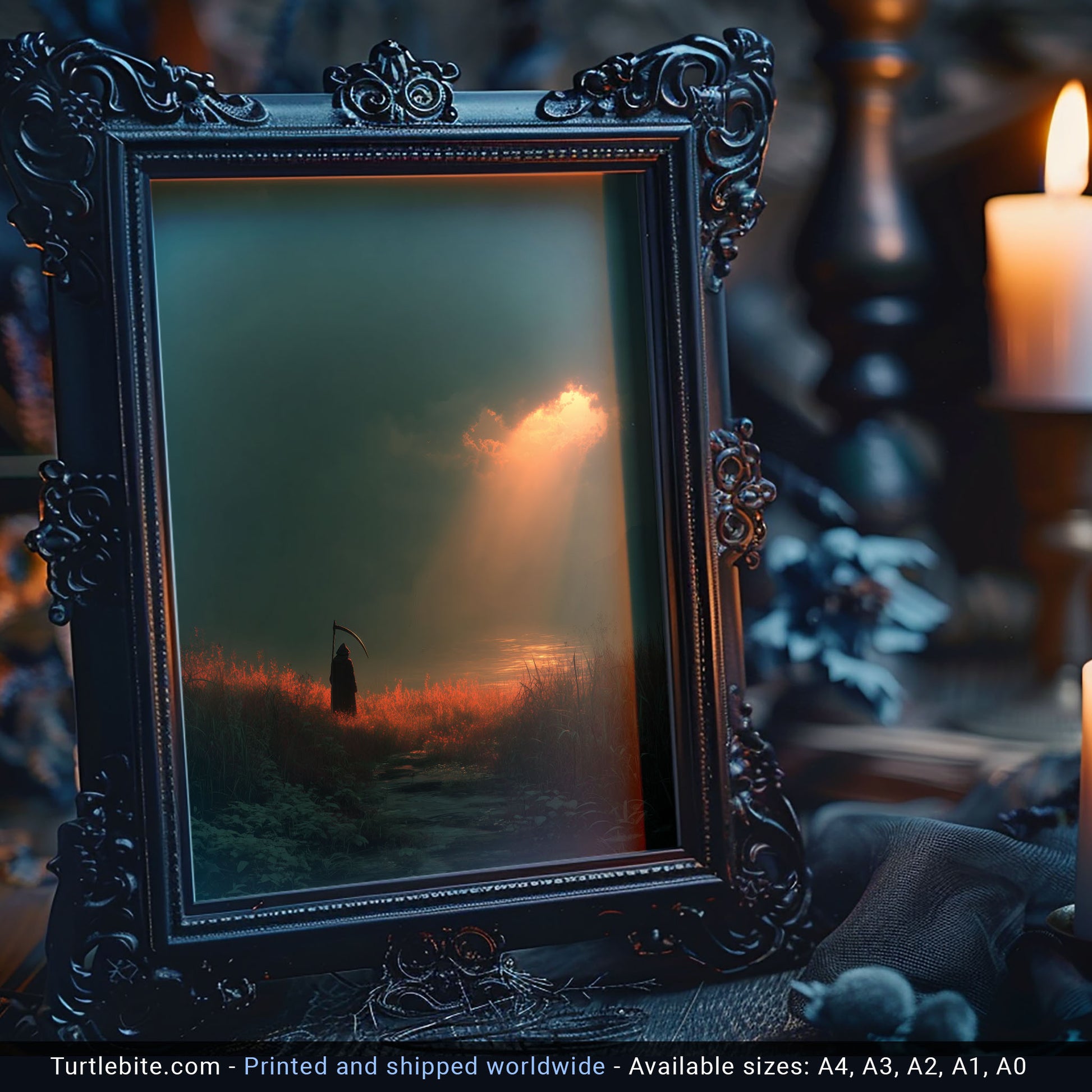 Atmospheric horror print showing mysterious reaper by serene sunset seascape