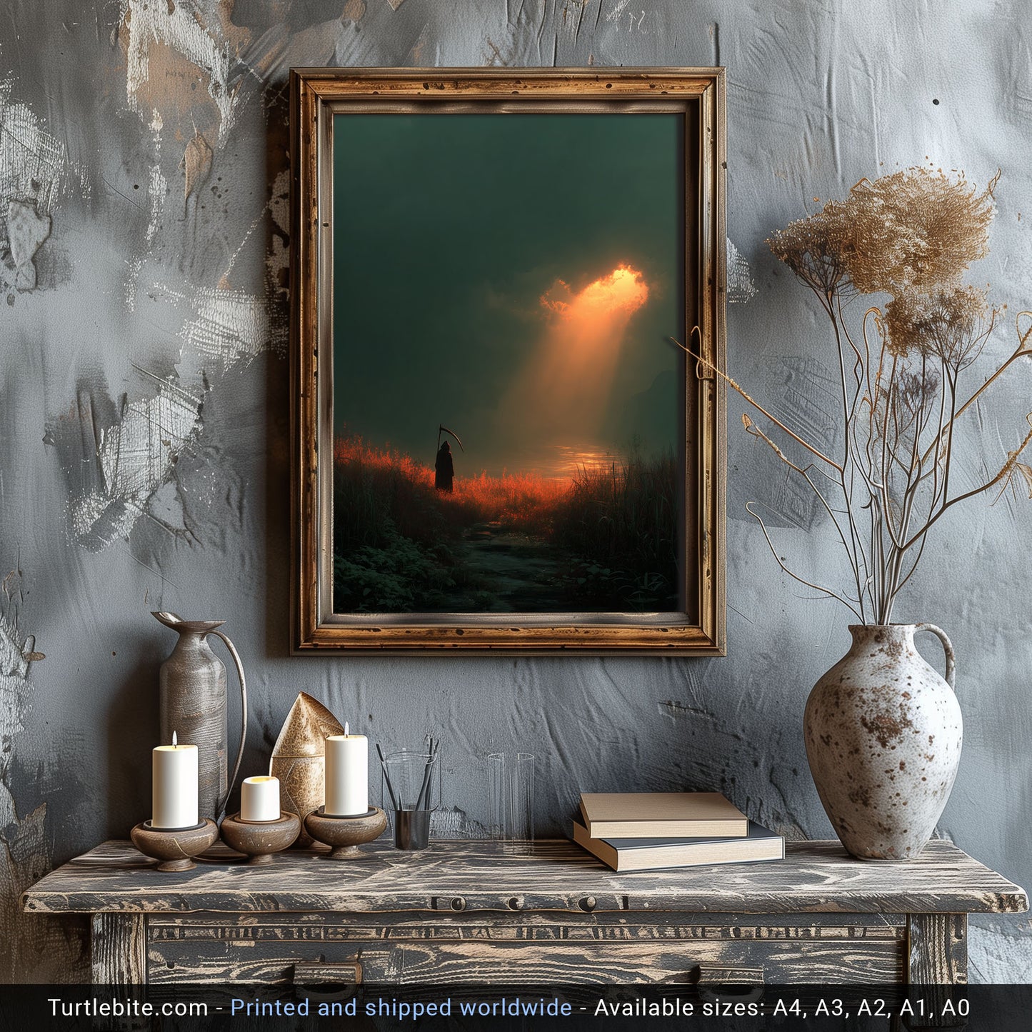 Gothic home decor print of hooded figure overlooking calm ocean waters