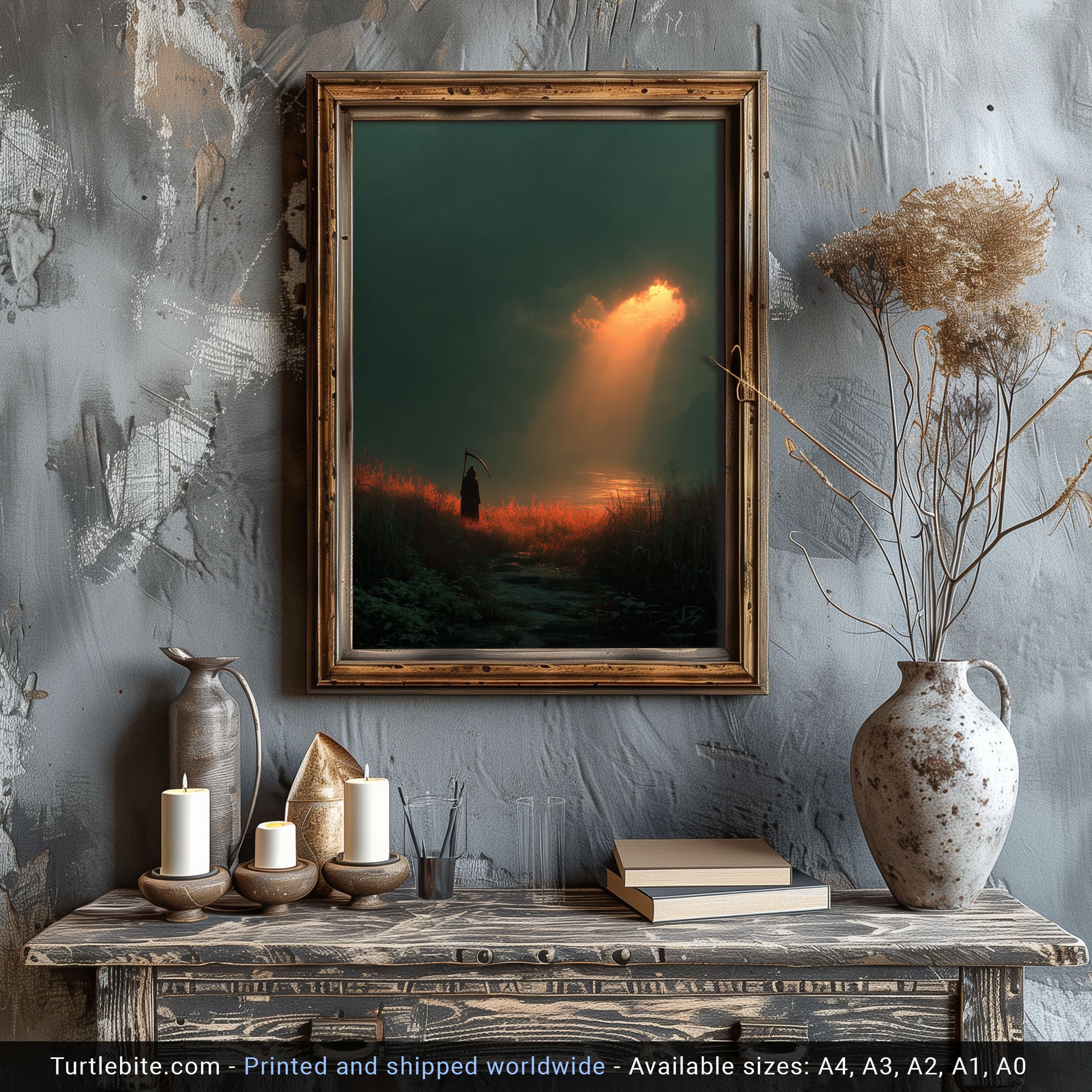 Gothic home decor print of hooded figure overlooking calm ocean waters