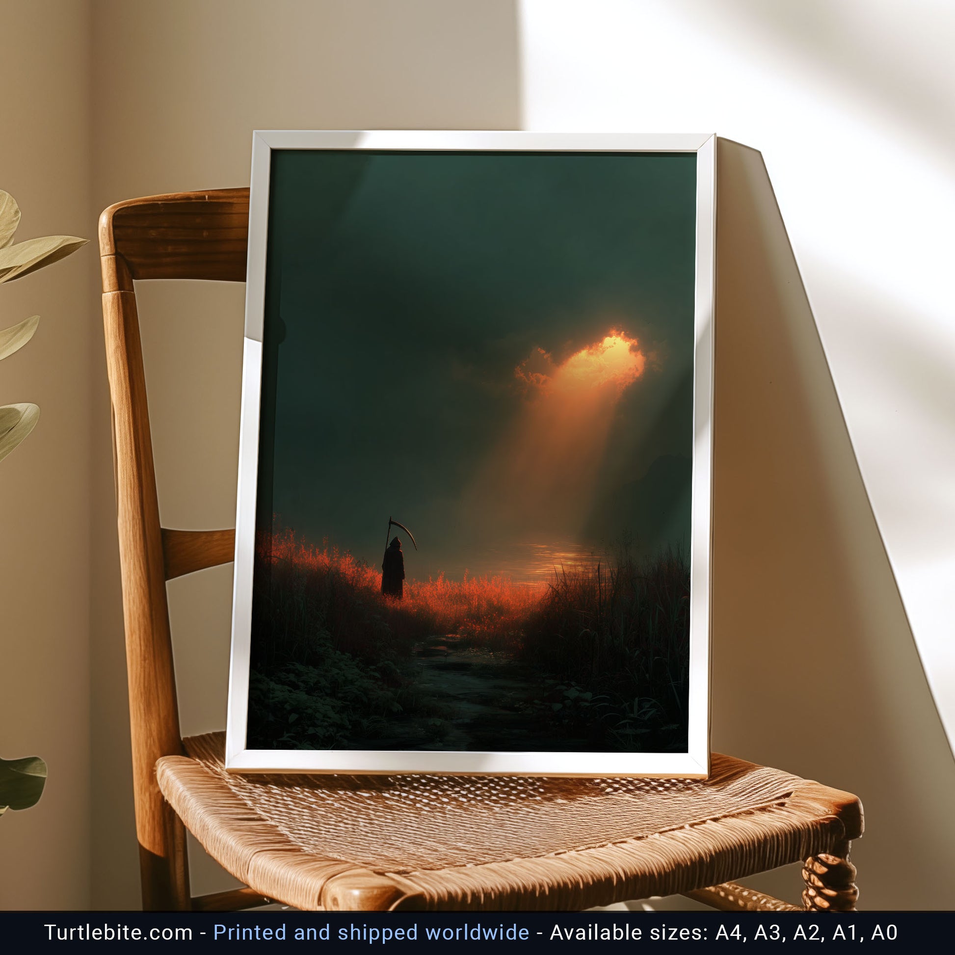 Spooky death art poster with dramatic lighting and tranquil coastal scene