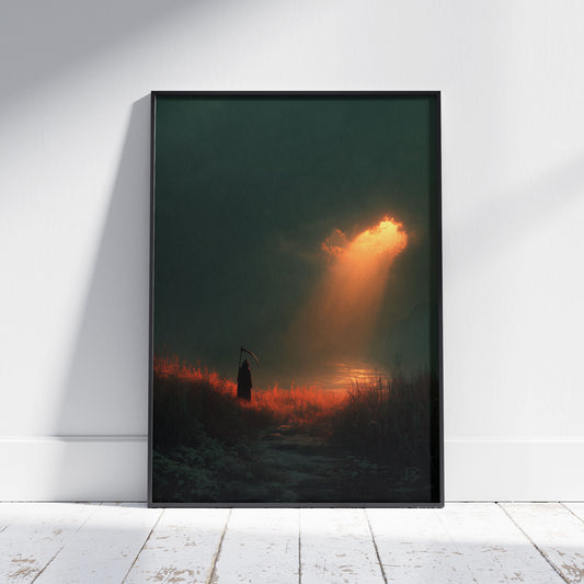 Grim reaper silhouette standing by calm ocean with dramatic orange sky