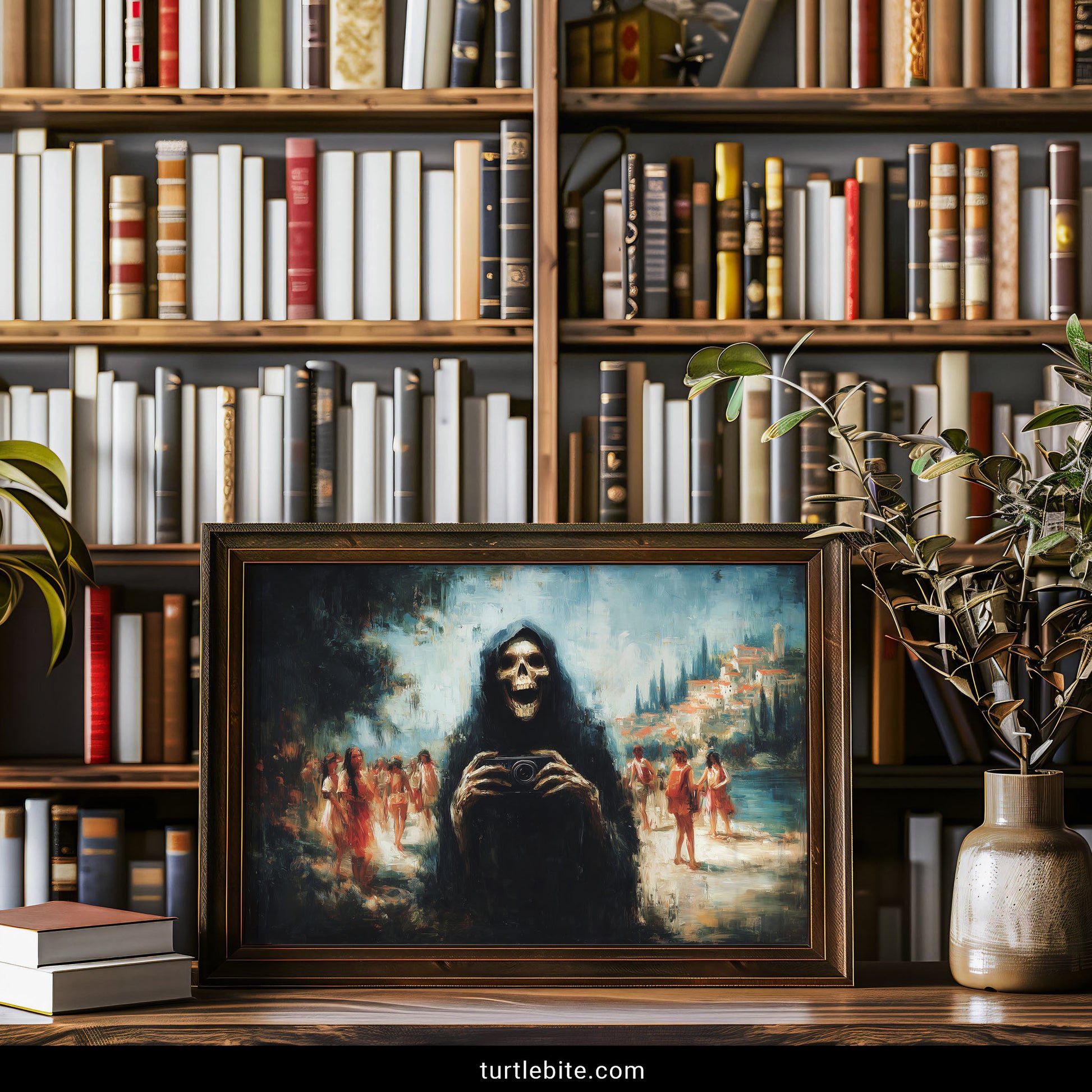 Gothic death figure taking photos at beach scene, macabre tourist art print with blue and orange painterly aesthetic