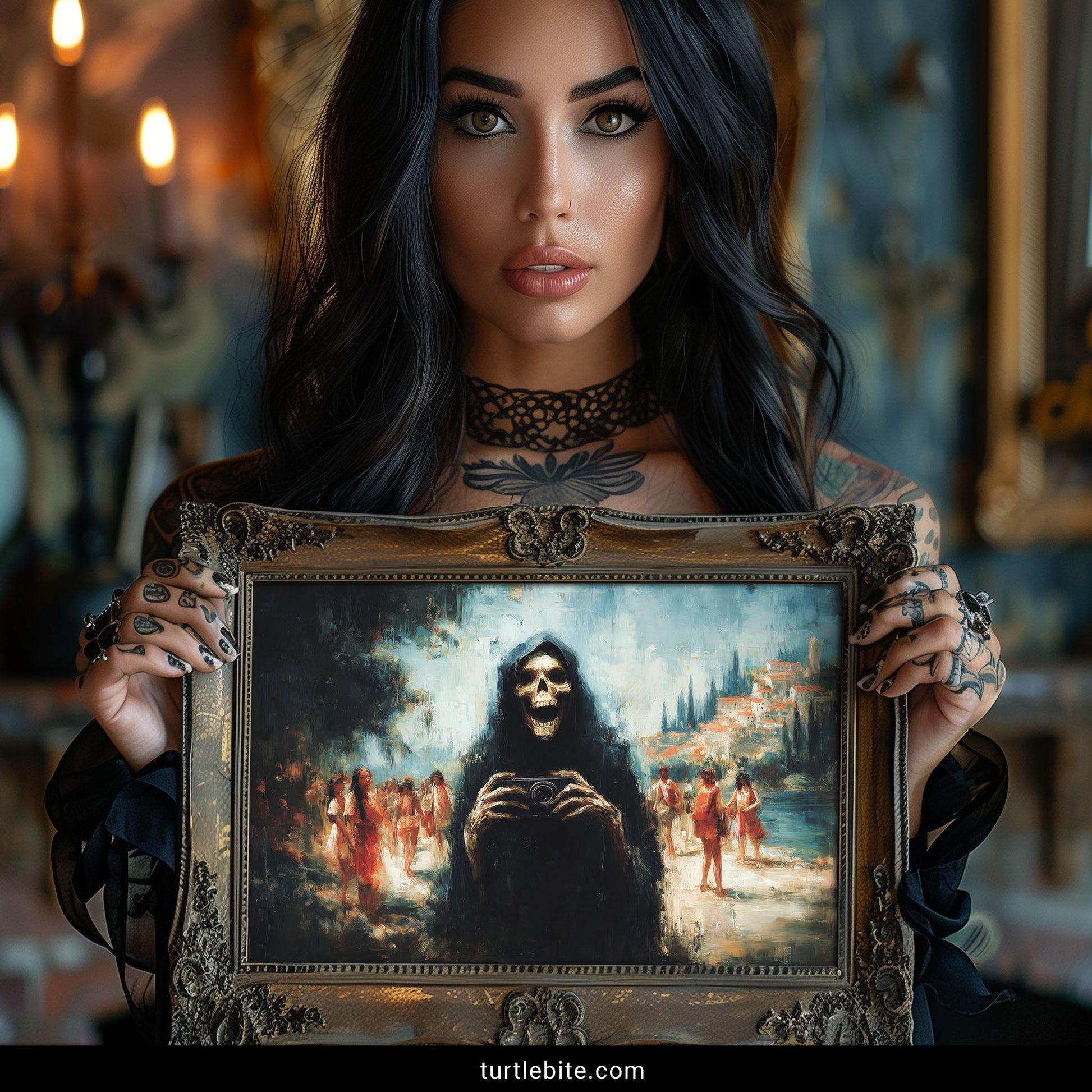 Woman holding a framed painting with a dark, mystical scene.