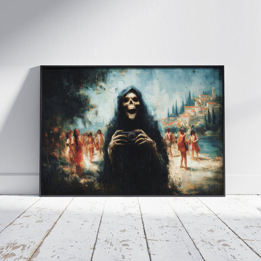 Grim reaper skeleton holding camera with beach tourists in background, dark humor wall art print with impressionistic painting style