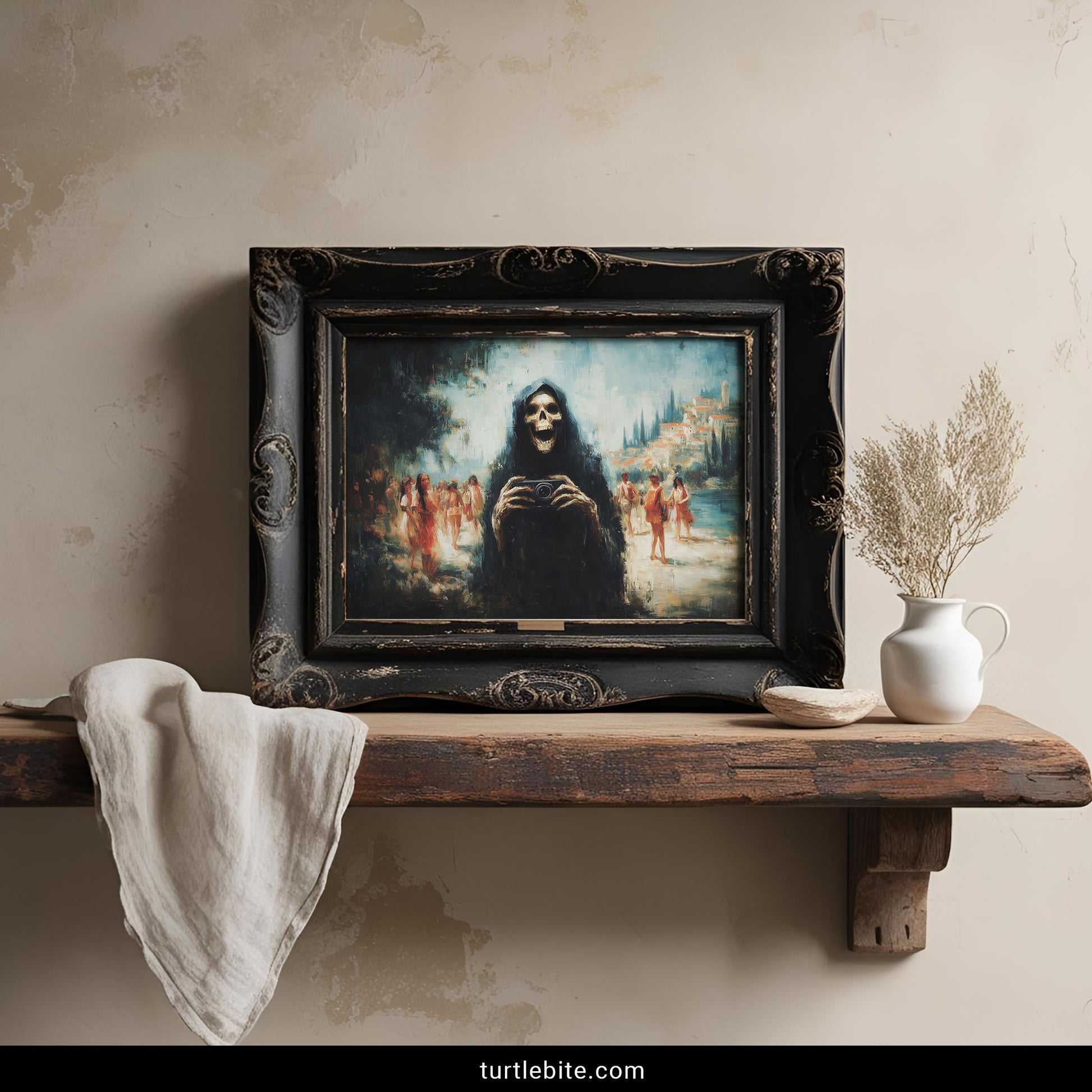 Hooded skull figure with vintage camera at Mediterranean beach, alternative humor poster with artistic brushwork