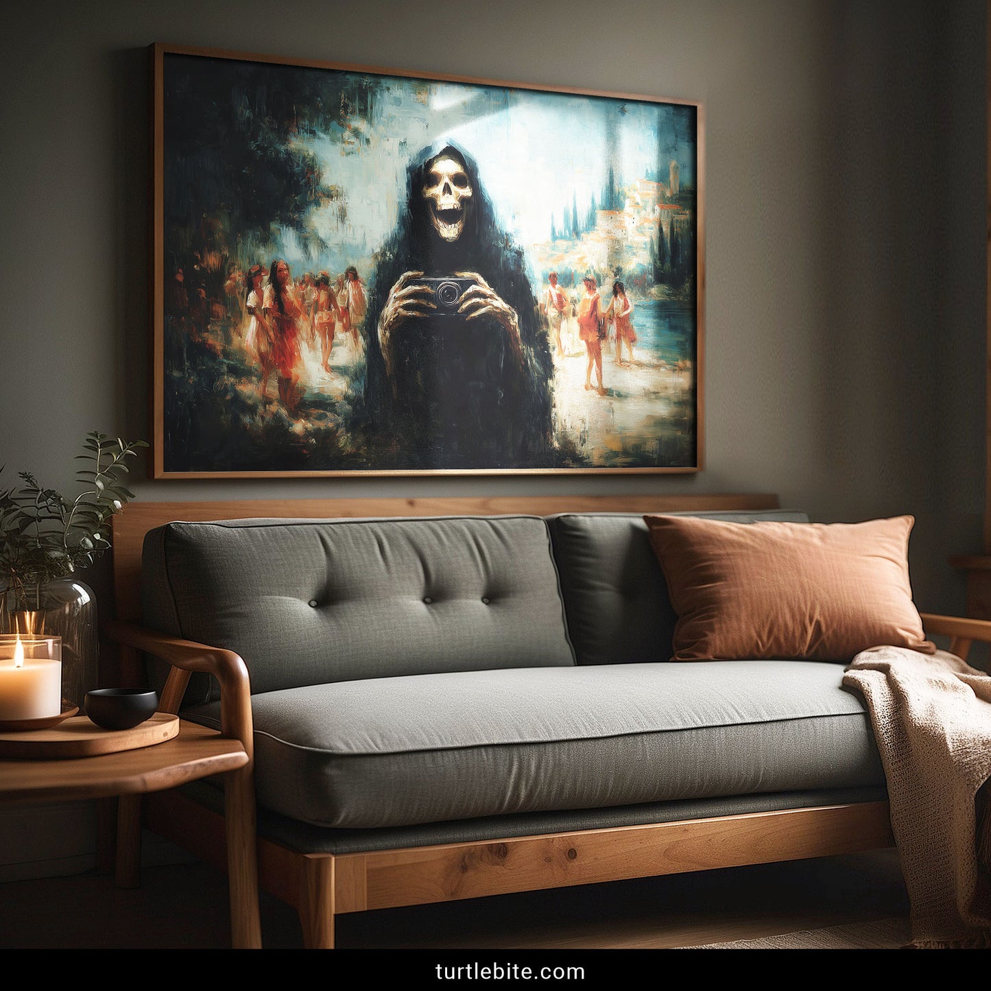 Gothic death figure taking photos at beach scene, macabre tourist art print with blue and orange painterly aesthetic