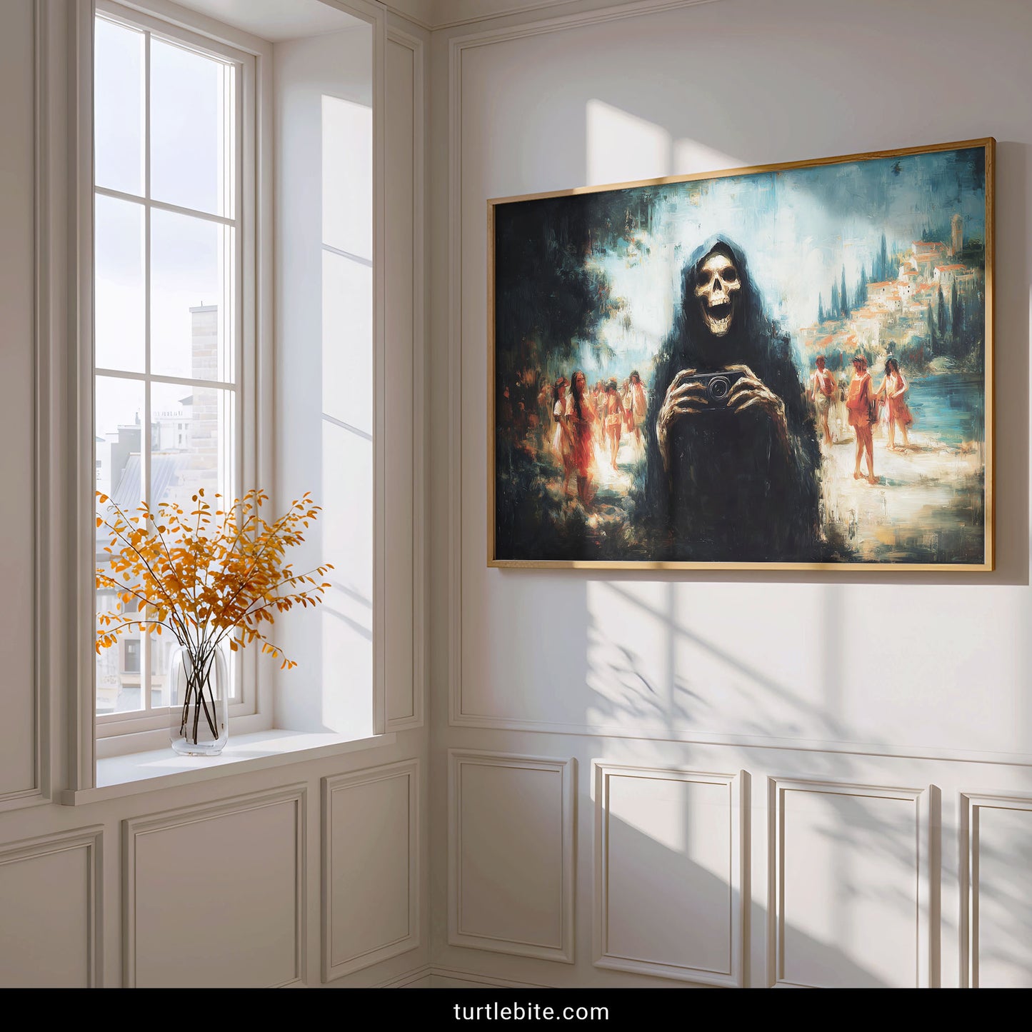 Skeleton photographer in black robe with vacationers behind, dark comedy wall decor featuring memento mori theme