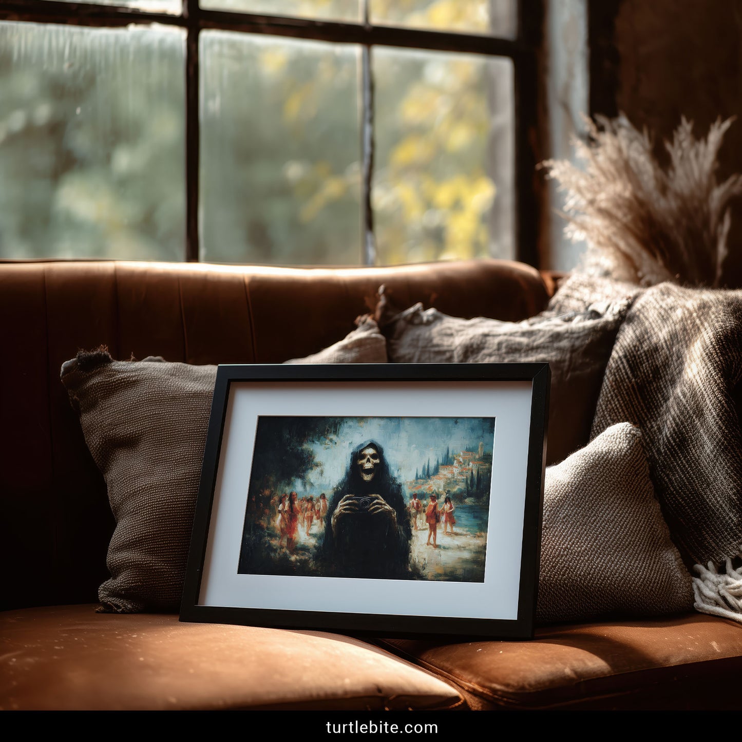 Death as tourist taking pictures before reaping souls, ironic grim reaper art with beautiful impressionist landscape