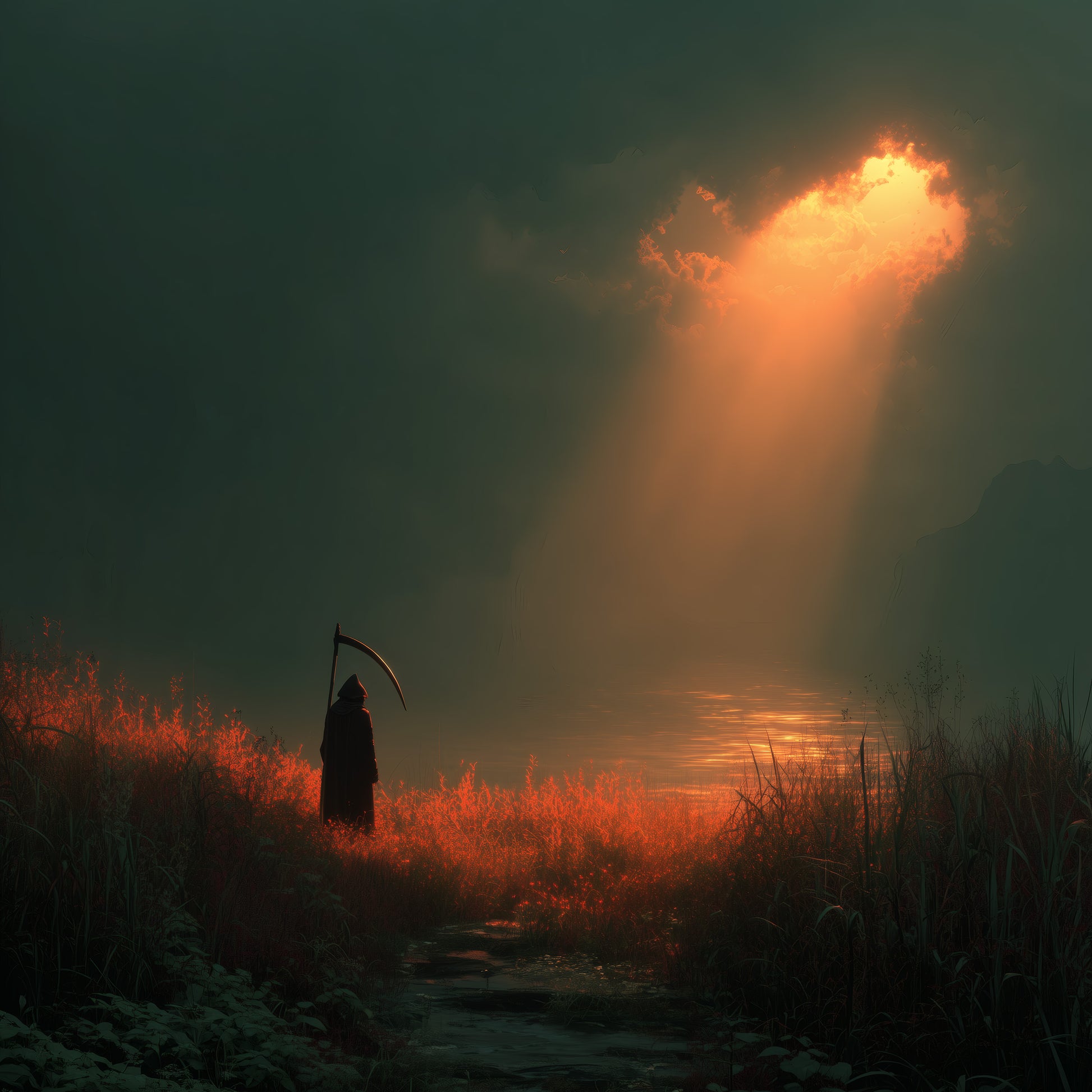 Dark gothic wall art featuring cloaked death figure against peaceful waters