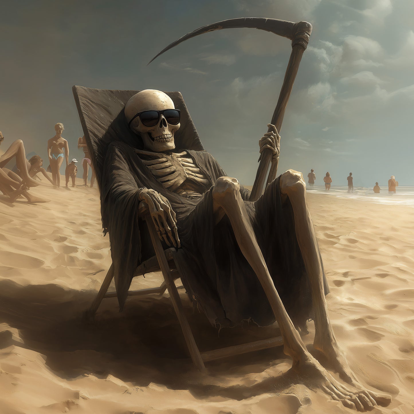 Grim Reaper on Holiday Painting Print, Dark Skeleton Wall Art, Moody Skull Poster