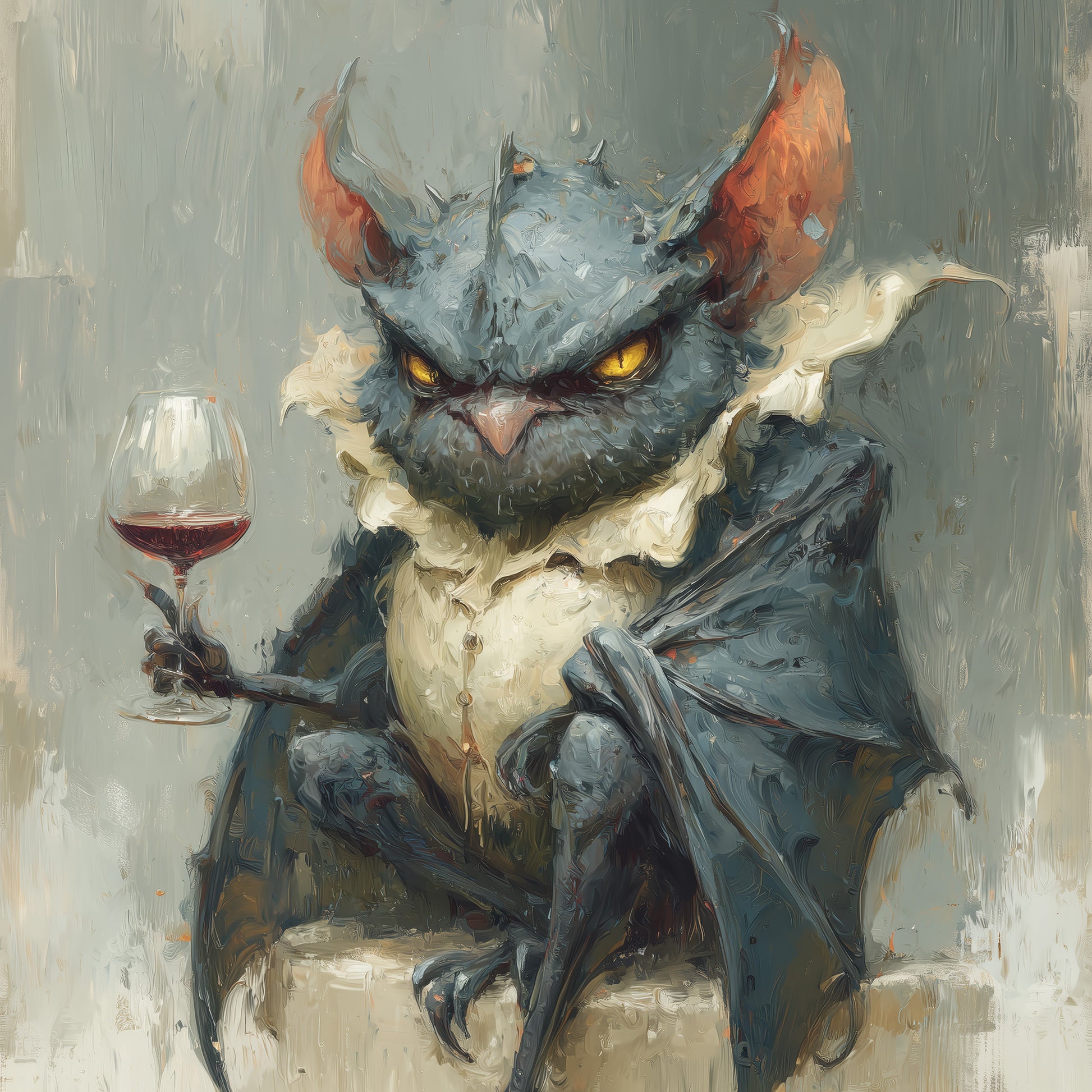 Gothic art print featuring grumpy bat owl hybrid creature holding wine glass with moody brushwork