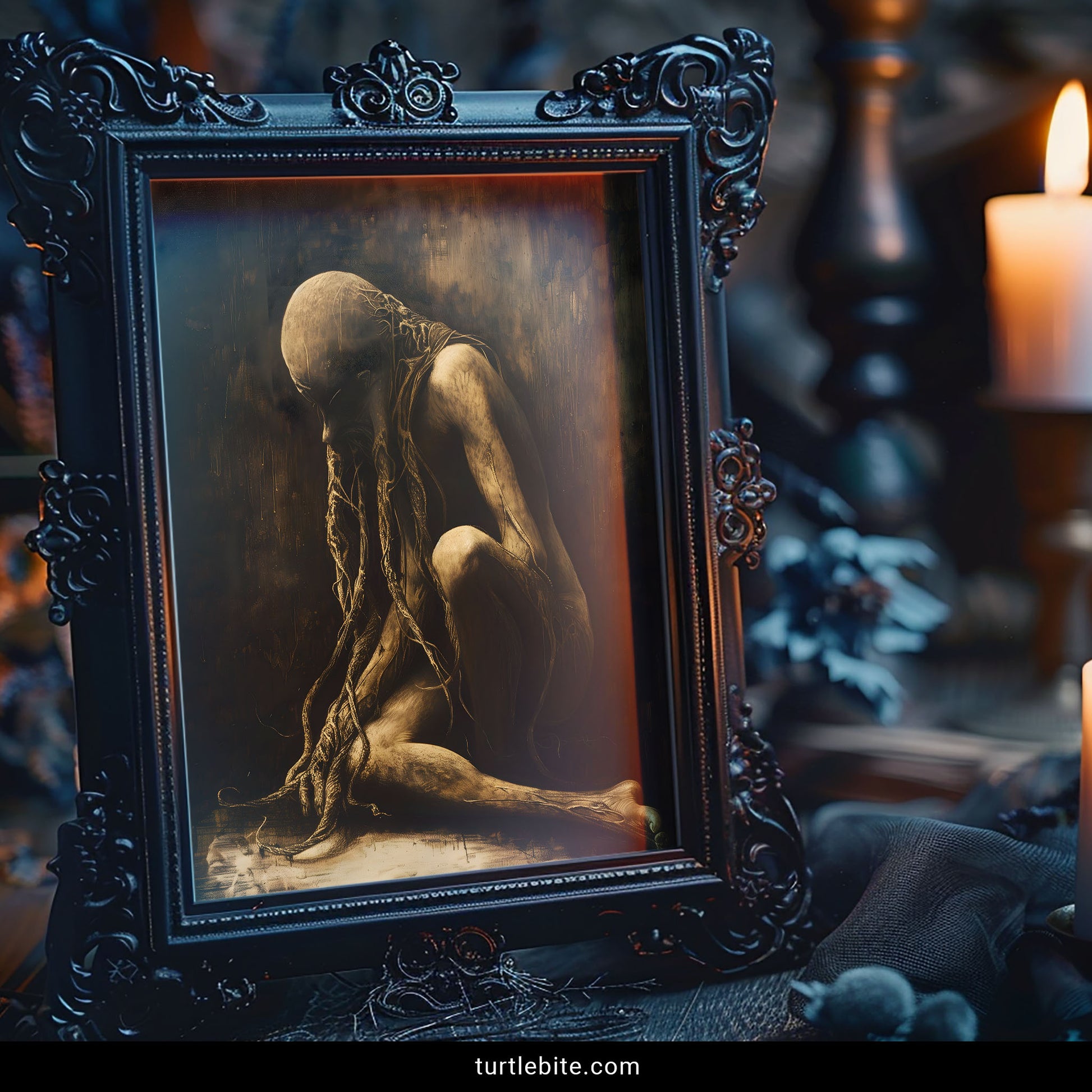 Macabre art featuring skeletal humanoid with rope restraints hunched forward, horror themed wall print, bizarre gothic interior design