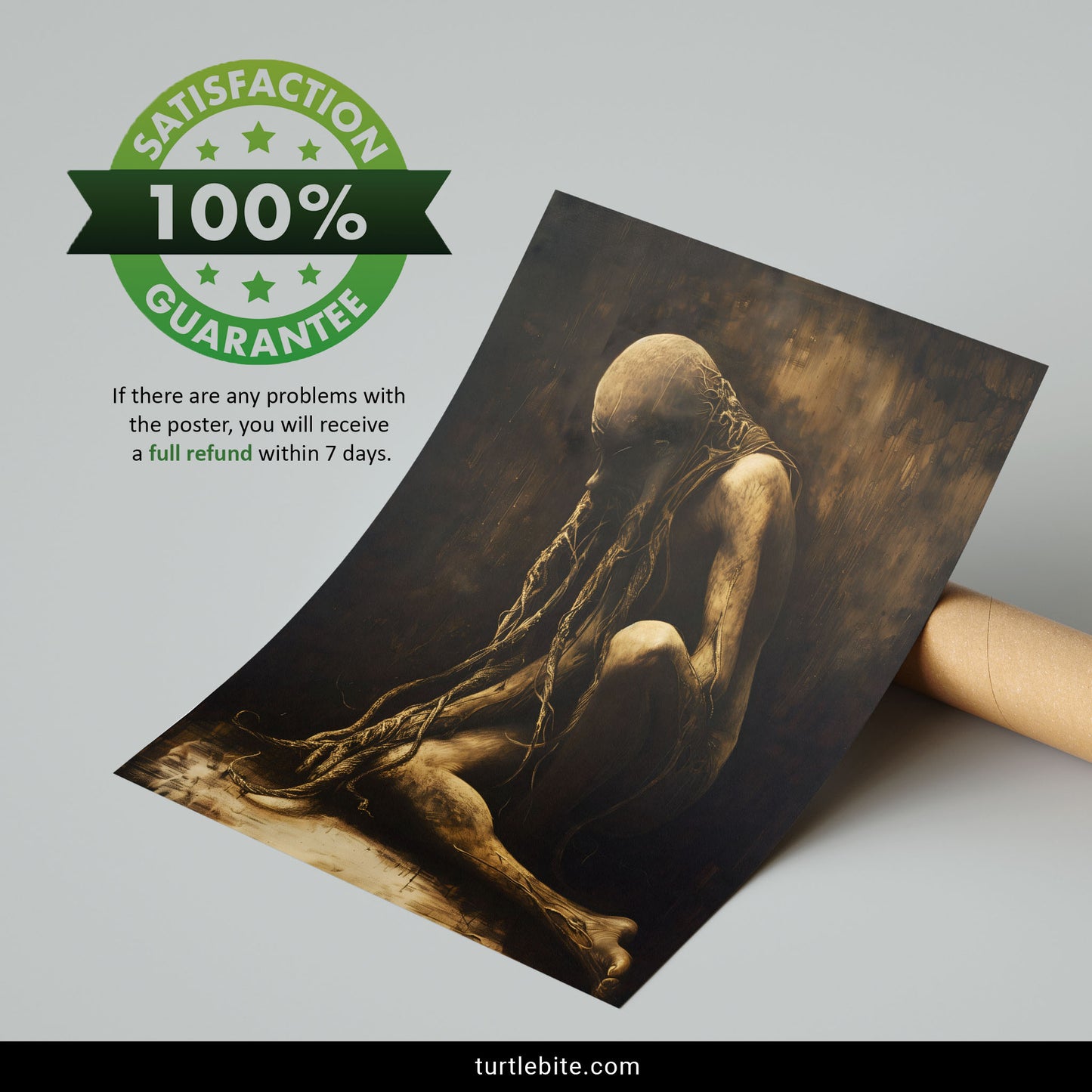 Dark art print of faceless horror figure in hunched pose, strange unusual wall art, moody gothic aesthetic decor