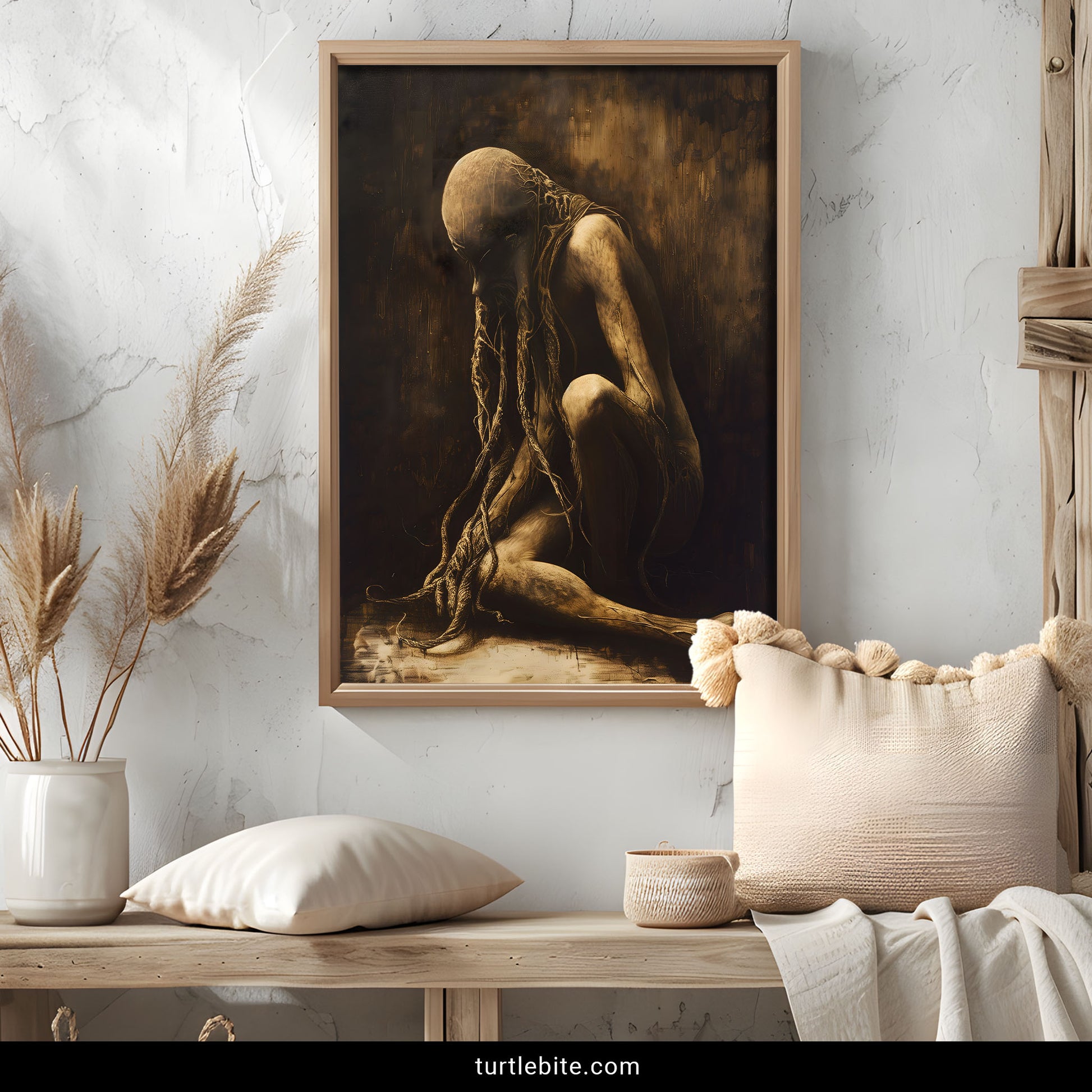 Disturbing surreal art showing emaciated bound figure bent in despair, macabre memento mori poster, creepy gothic home decoration