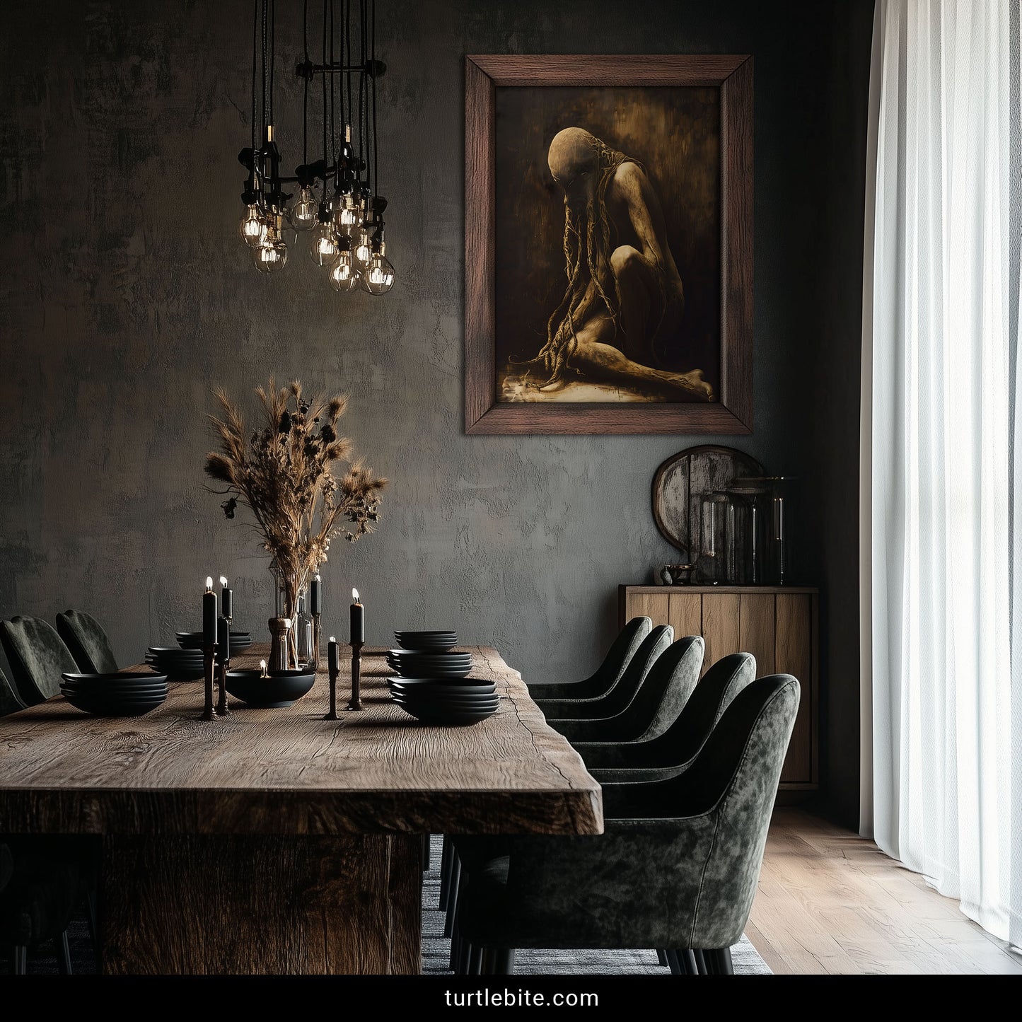 Creepy gothic art print with faceless bent figure, surreal dark decor, memento mori theme, unsettling wall art