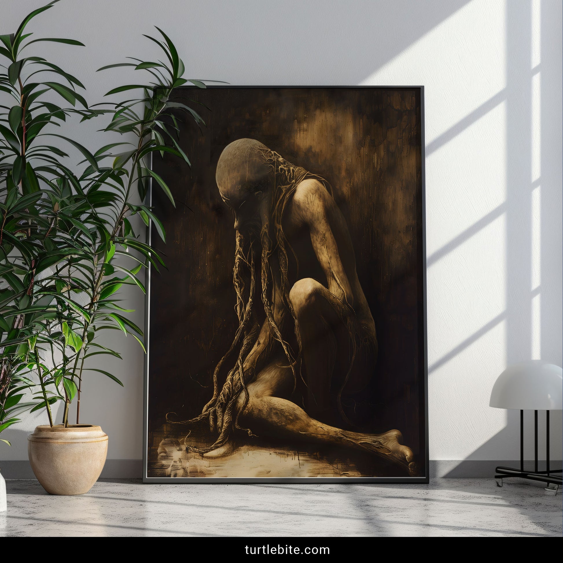 Dark art print of faceless horror figure in hunched pose, strange unusual wall art, moody gothic aesthetic decor
