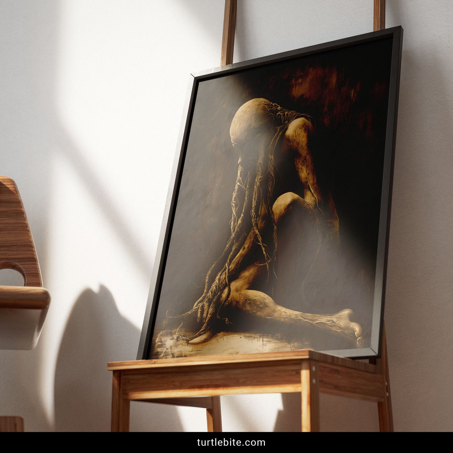 Creepy gothic art print with faceless bent figure, surreal dark decor, memento mori theme, unsettling wall art